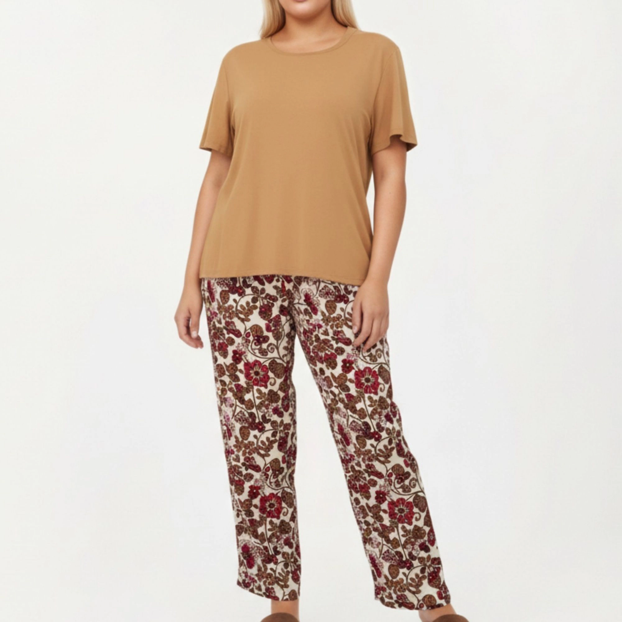 Anna-Kaci Women's 2-Piece Short Sleeve Knit Top and Printed Wide Leg Pajama Pants with Soft Stretch Fabric
