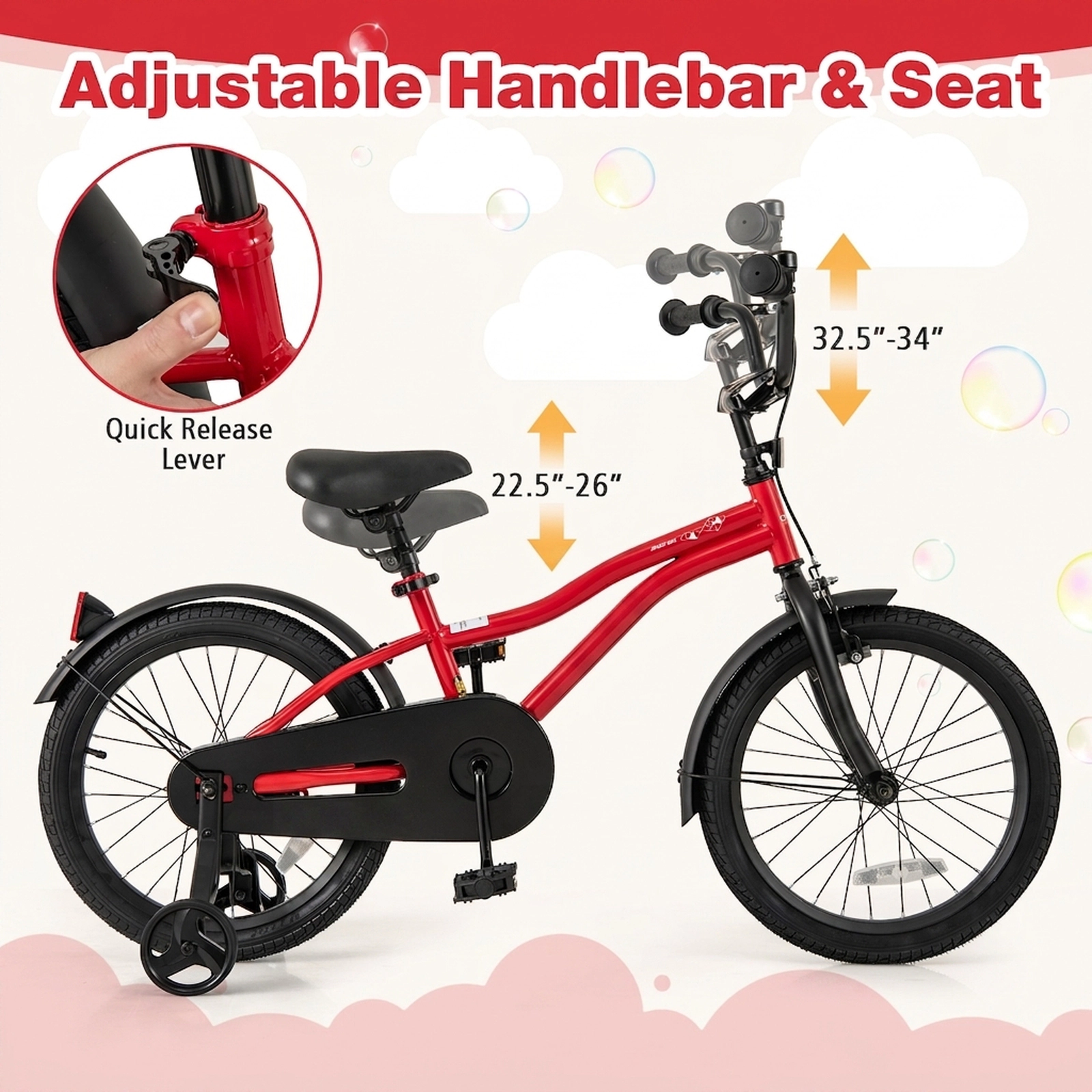 18-in Kids Bike Red Bicycle Quick Release Seat Detachable Training Wheels Puncture Resistant Tires Bell Ages 4-8