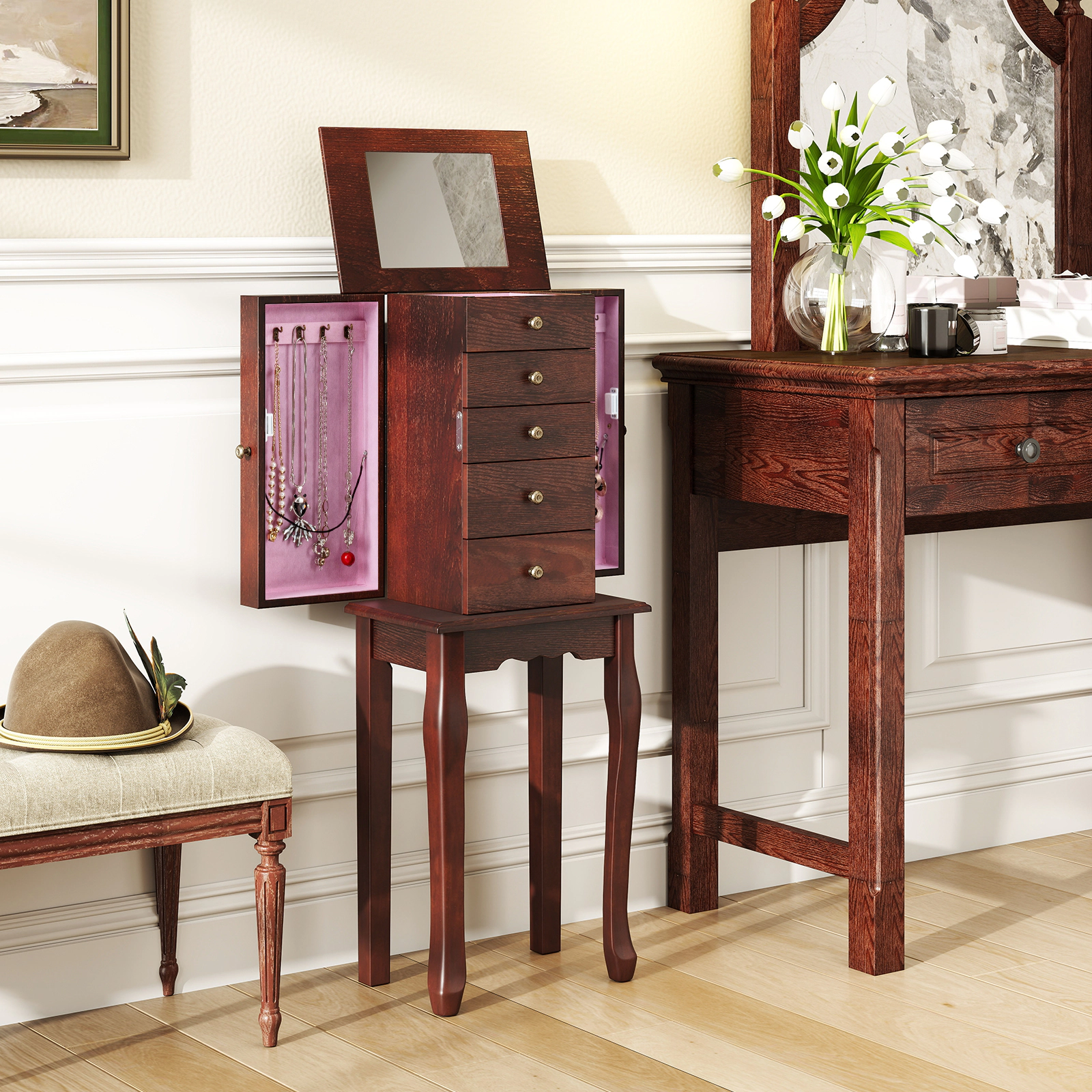 SUGIFT Standing Jewelry Armoire Cabinet with Mirror and 5 Drawers 34-in Tall 2-Compartment MDF Storage Brown