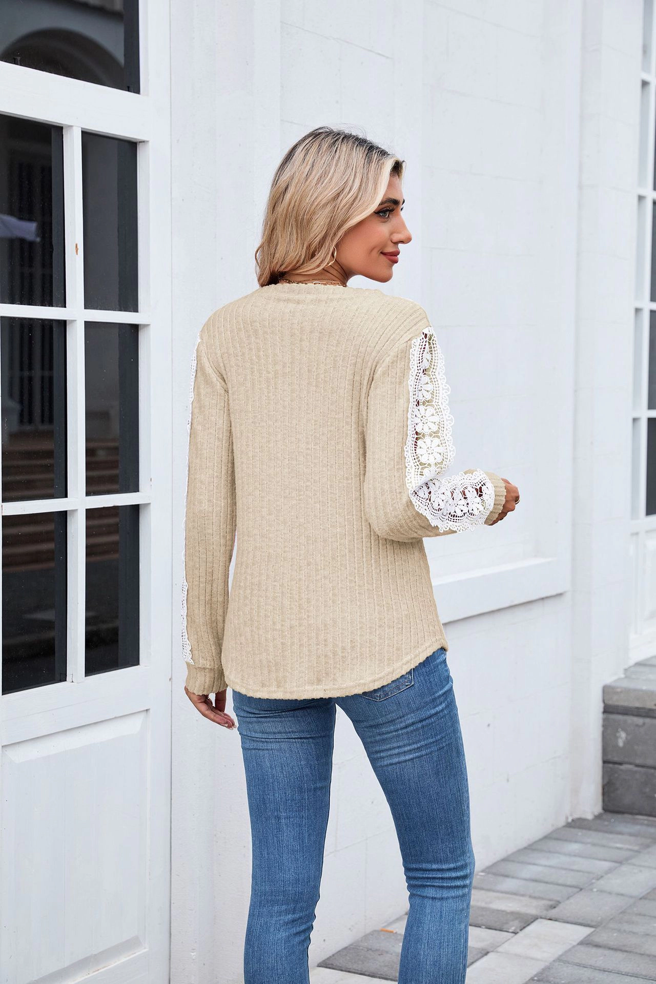 Enchanted Funland Womens V‑Neck Ribbed Knit Long Sleeve Lace Hem Casual Tops