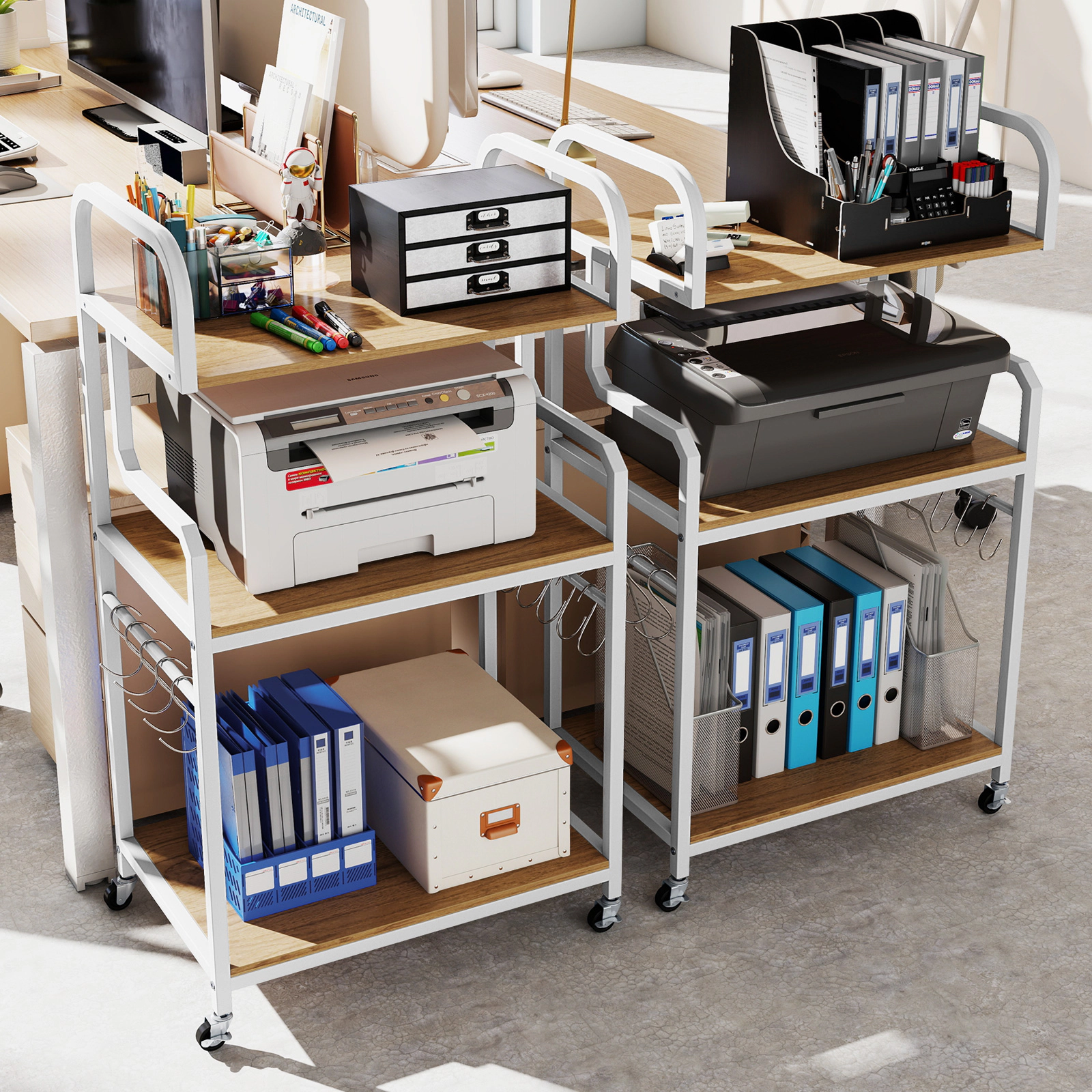 SUGIFT 3-Tier 10 Hanging Hooks Lockable Casters Rolling Printer Cart 24-in x 16-in x 43.5-in 110-lb Shelf Natural