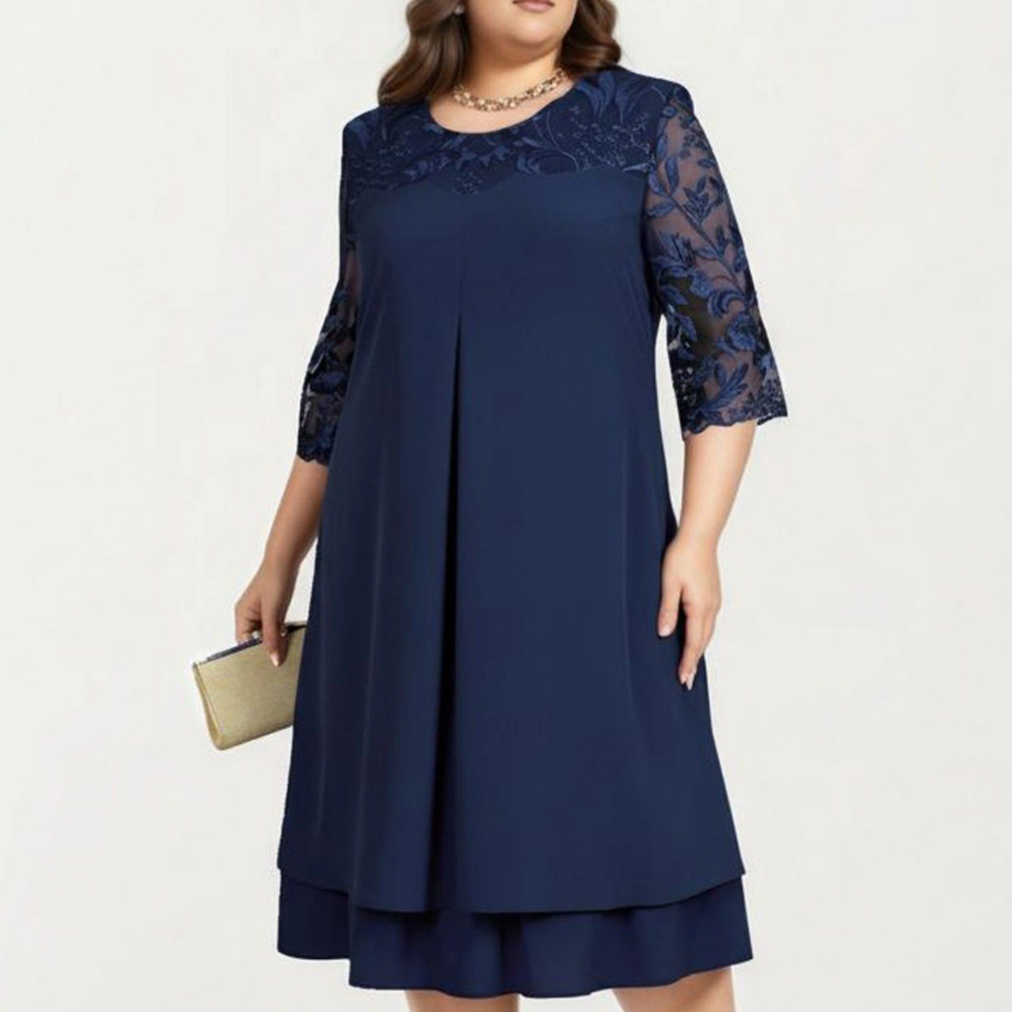 Anna-Kaci Women's Plus Lace Yoke Sheer Sleeve Detail Layered Hem Flowy Elegant Midi Dress