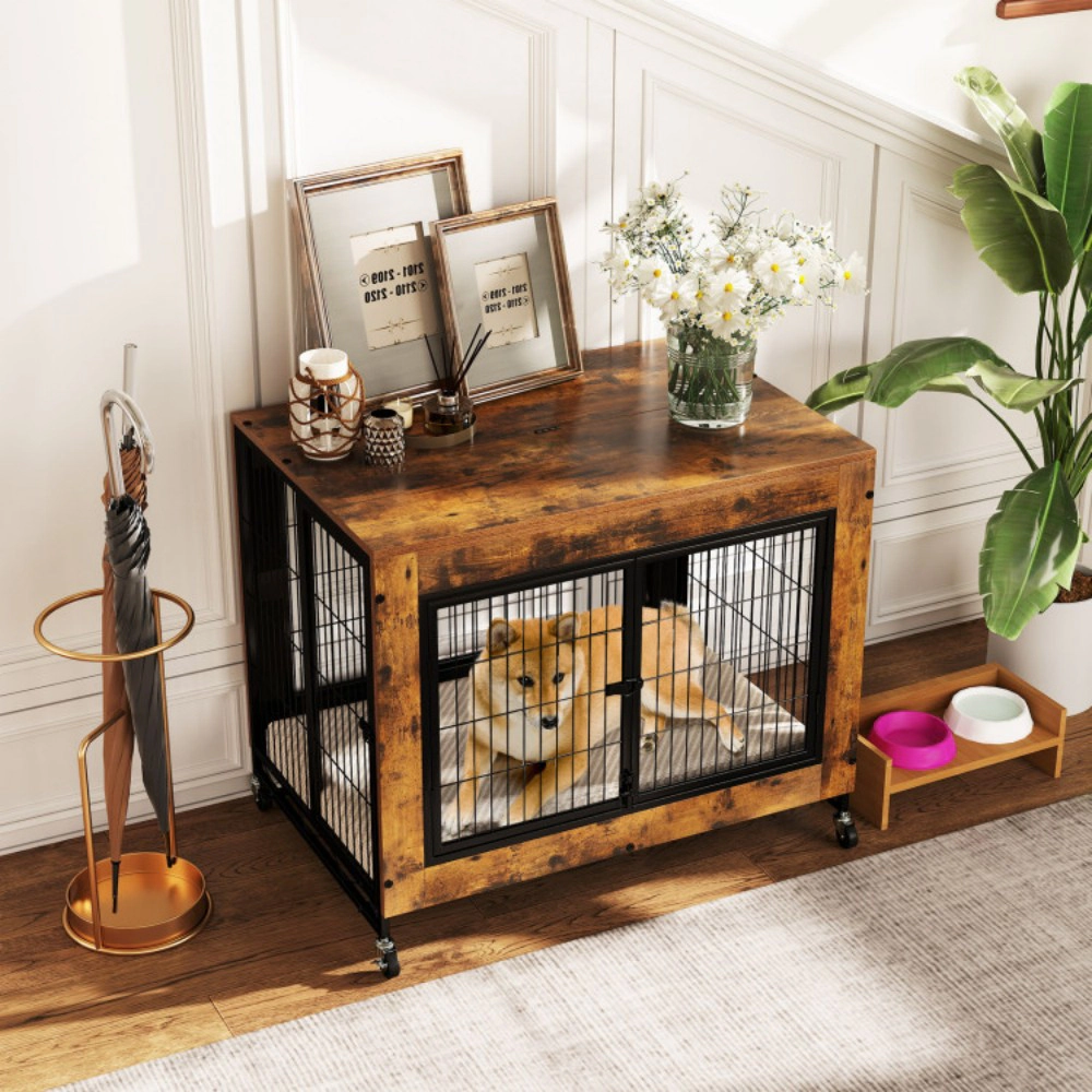 SUGIFT Industrial Dog Kennel Pet Crate Flip-Up Top 3 Lockable Doors Tray 132-lb Capacity 66-lb Top Rustic Brown