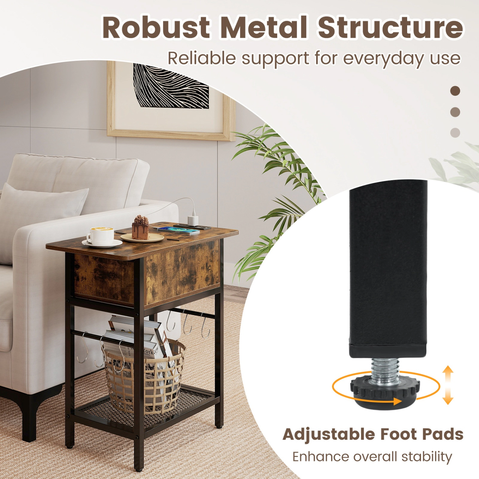 SUGIFT Set of 2 End Tables with Charging Station Hidden Compartment 66-Lb Tabletop Rustic Brown & Black
