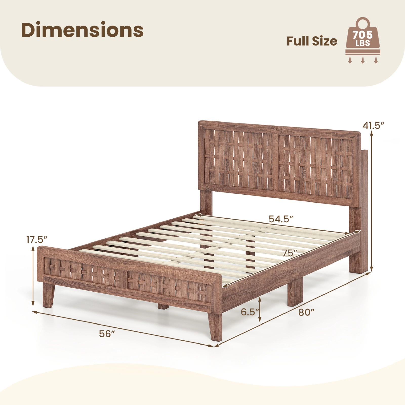 SUGIFT Mid Century Full Size Bed Frame with Woven Accent Headboard 705-lb Capacity Walnut Finish