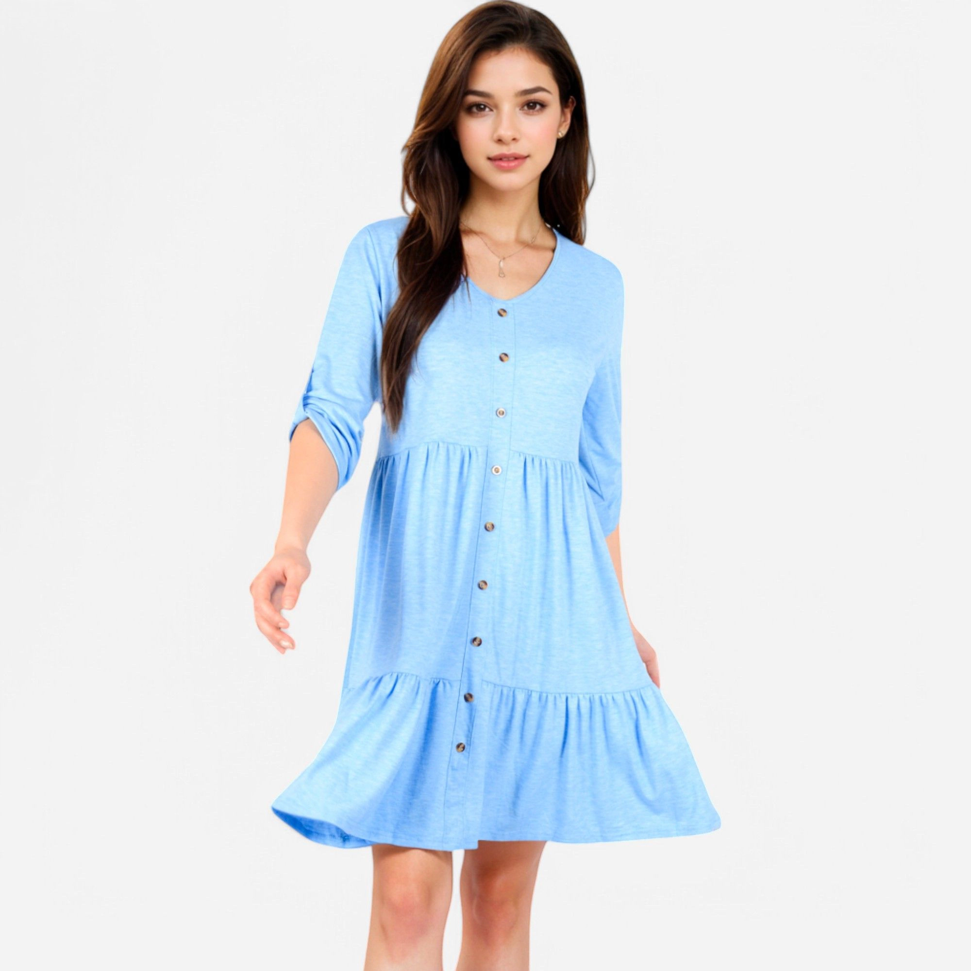 Anna-Kaci Women's V Neck Button Front Babydoll 3/4 Sleeve Tiered Ruffle Hem Dress