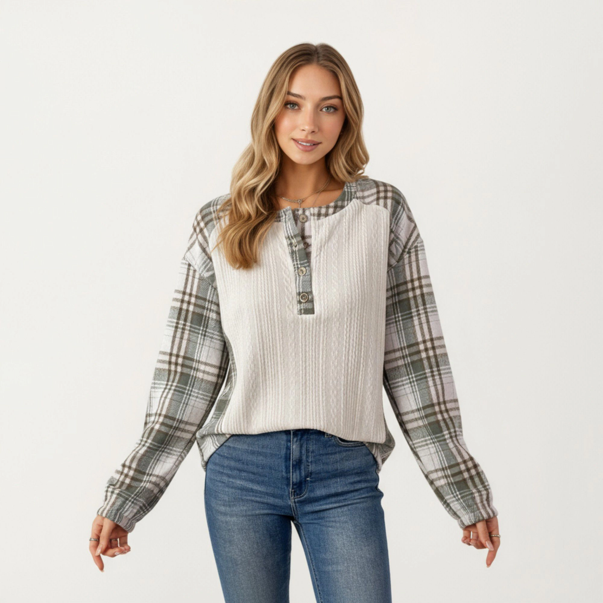 Anna-Kaci Women's Plaid Long Sleeve Henley Top with Textured Knit Front Button Detail