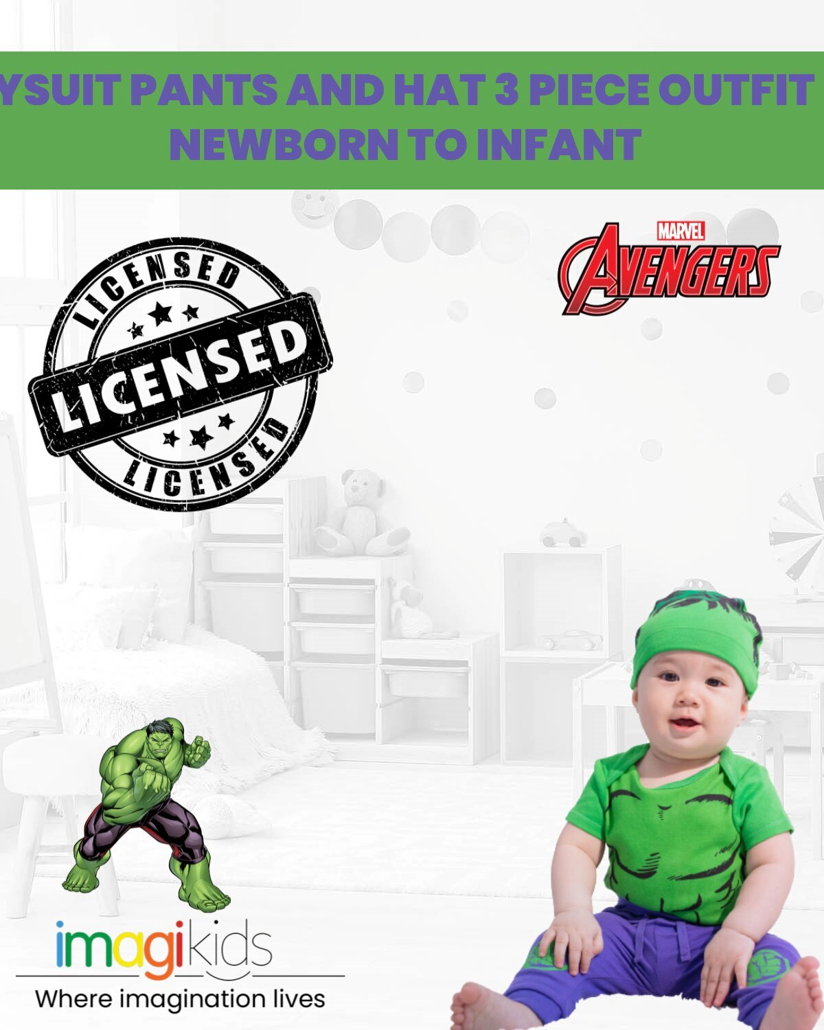 Marvel Avengers The Hulk Baby Boys' Cosplay Bodysuit Pants and Hat Set