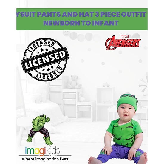 Marvel Avengers The Hulk Baby Boys' Cosplay Bodysuit Pants and Hat Set
