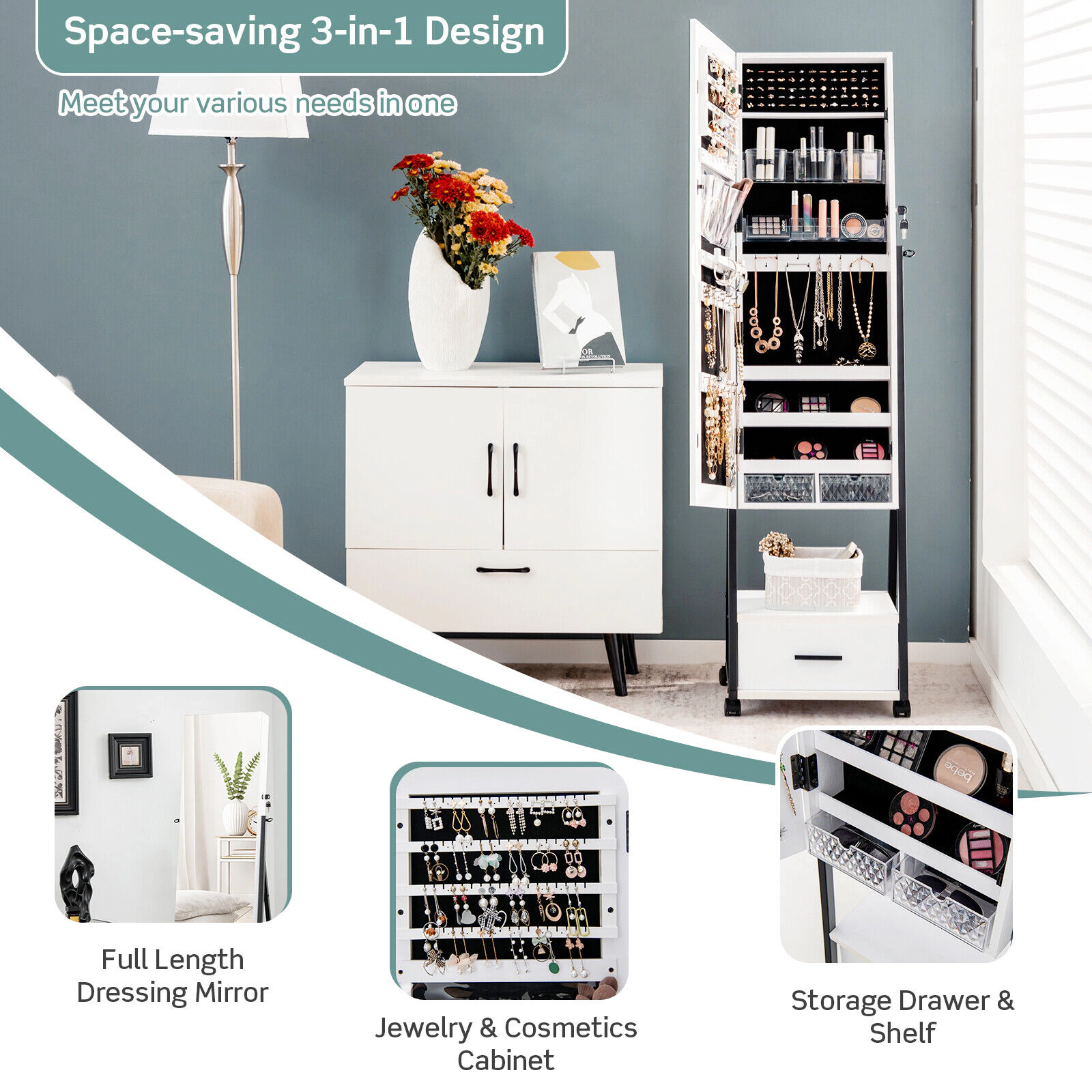 Slickblue 62 Inch Freestanding Jewelry Cabinet with Full-Length Mirror and Lockable Storage