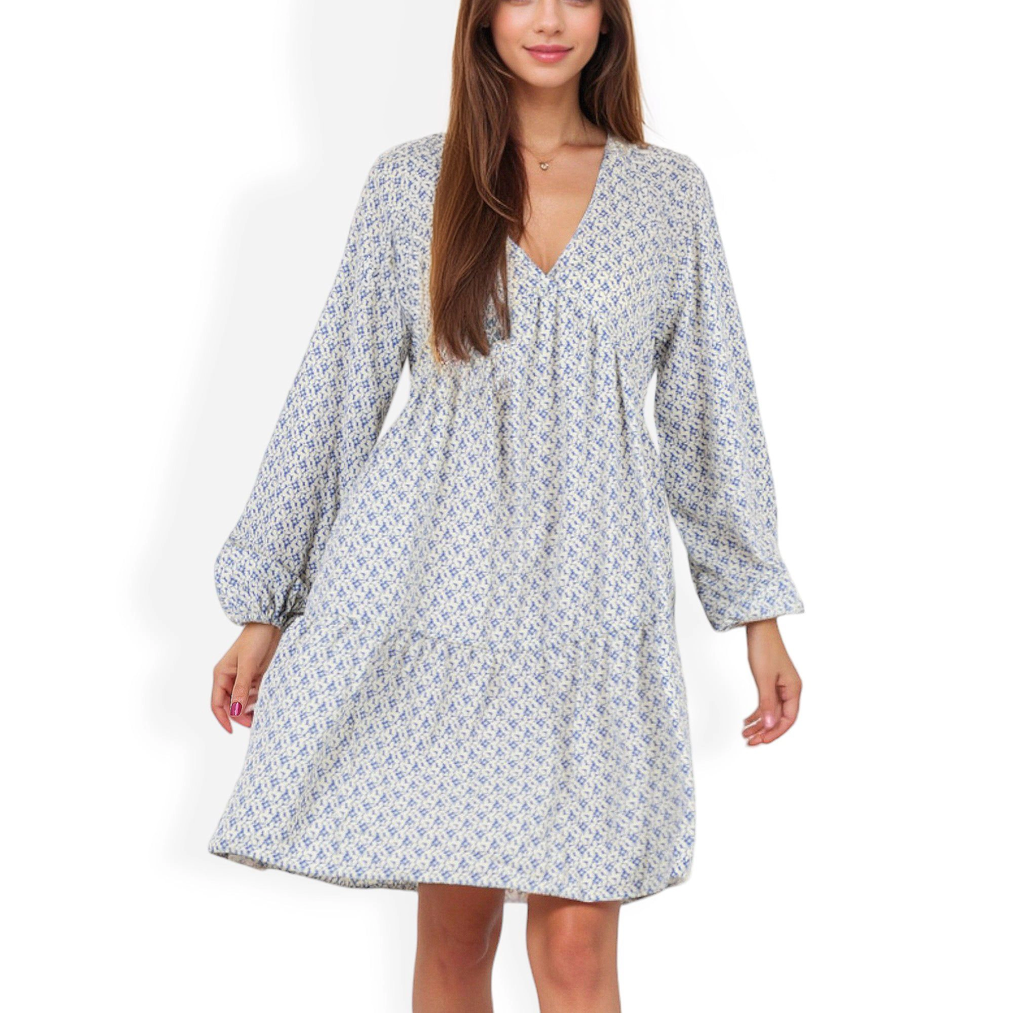 Anna-Kaci Women's Long Sleeve V Neck Boho Print Gathered Waist Dress