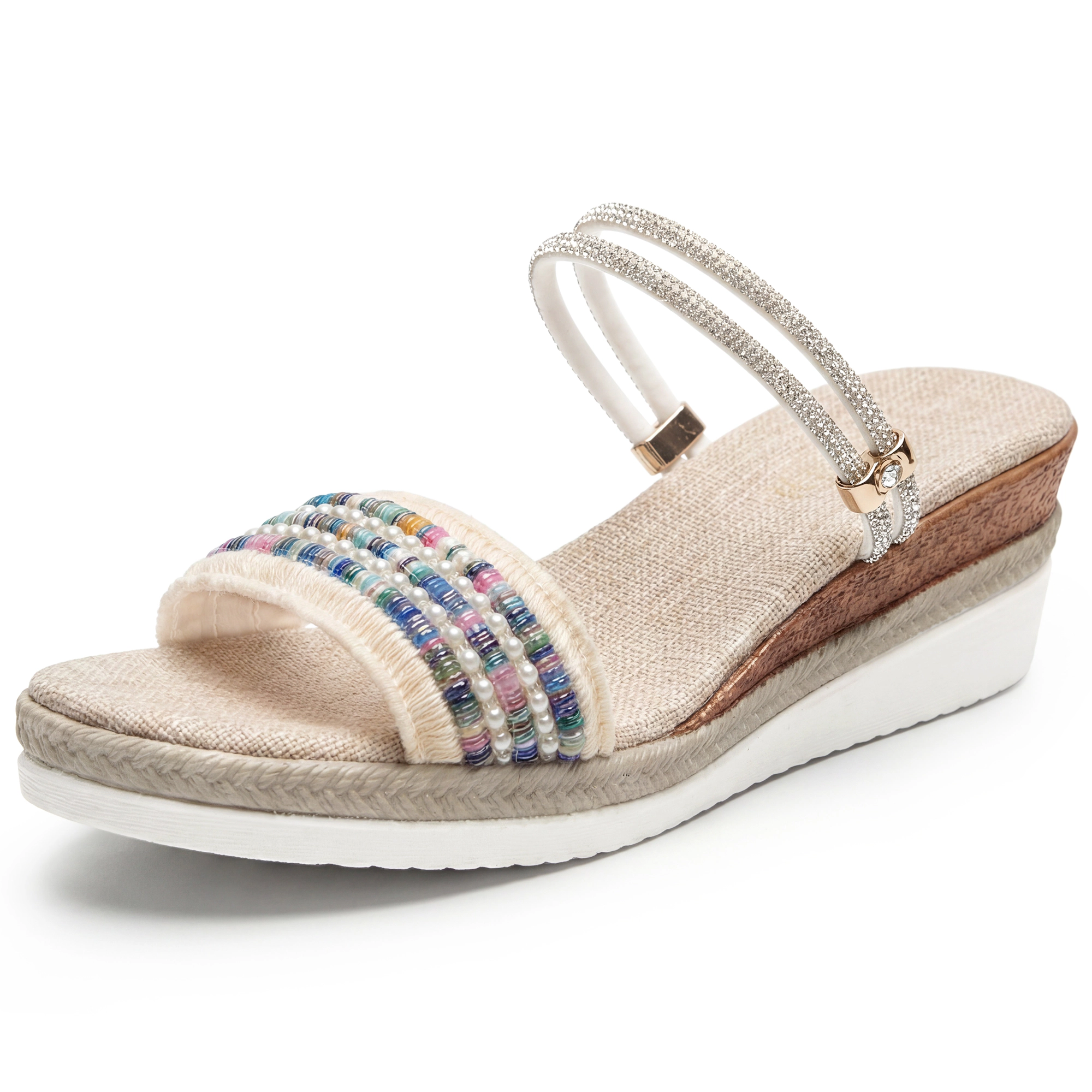 BLISSFUL STEP Women's Plaid Rhinestone Double-Strap Platform Peep-Toe Sandals