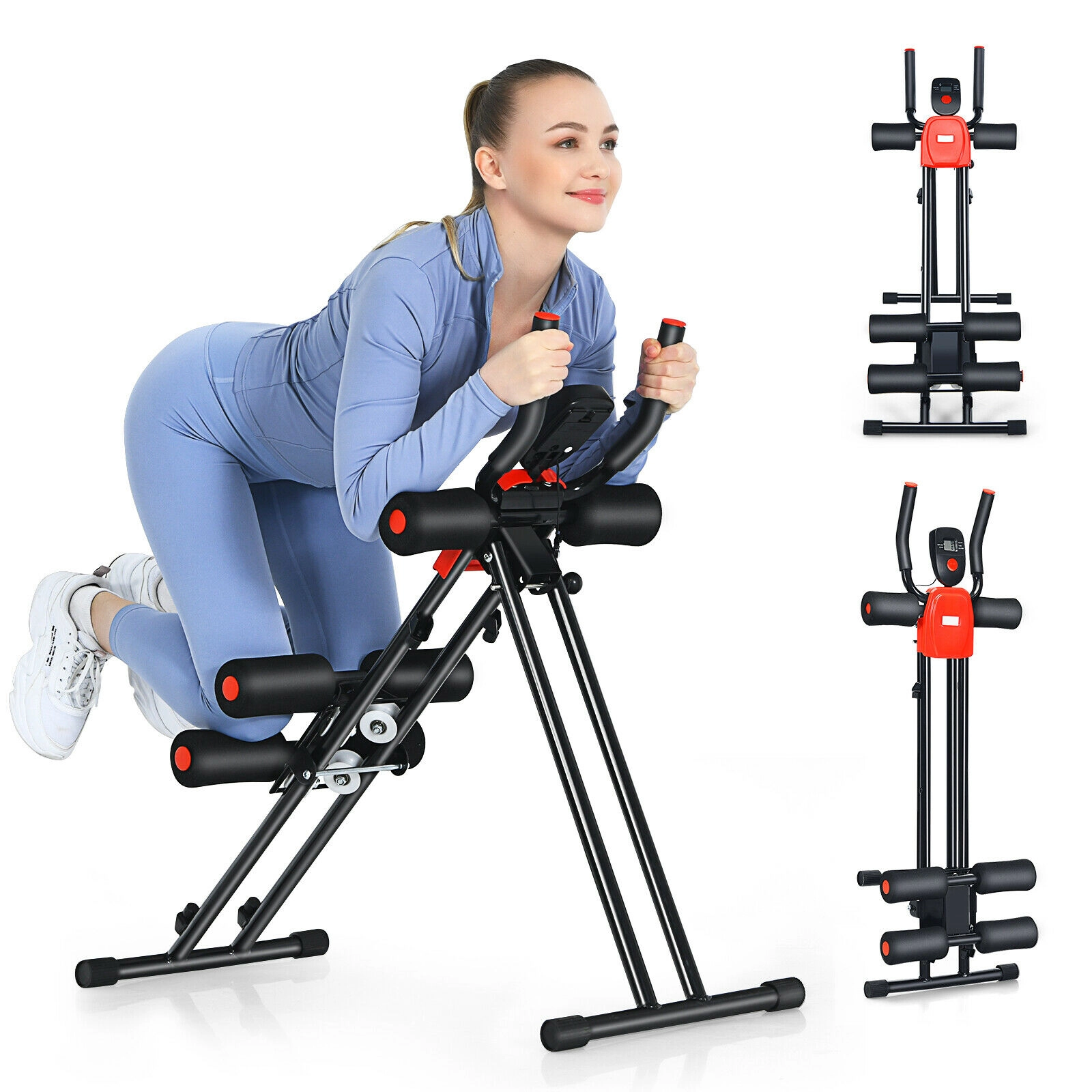 SUGIFT Foldable Core Abdominal Trainer Push-Up Bar 3 Resistance Levels LCD Display 330-lb Capacity Black/Red