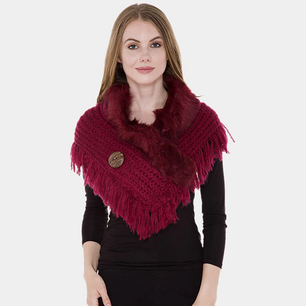 Truedames Faux Fur Collar Detail Cable Knit Tassel Shawl Scarf Wine
