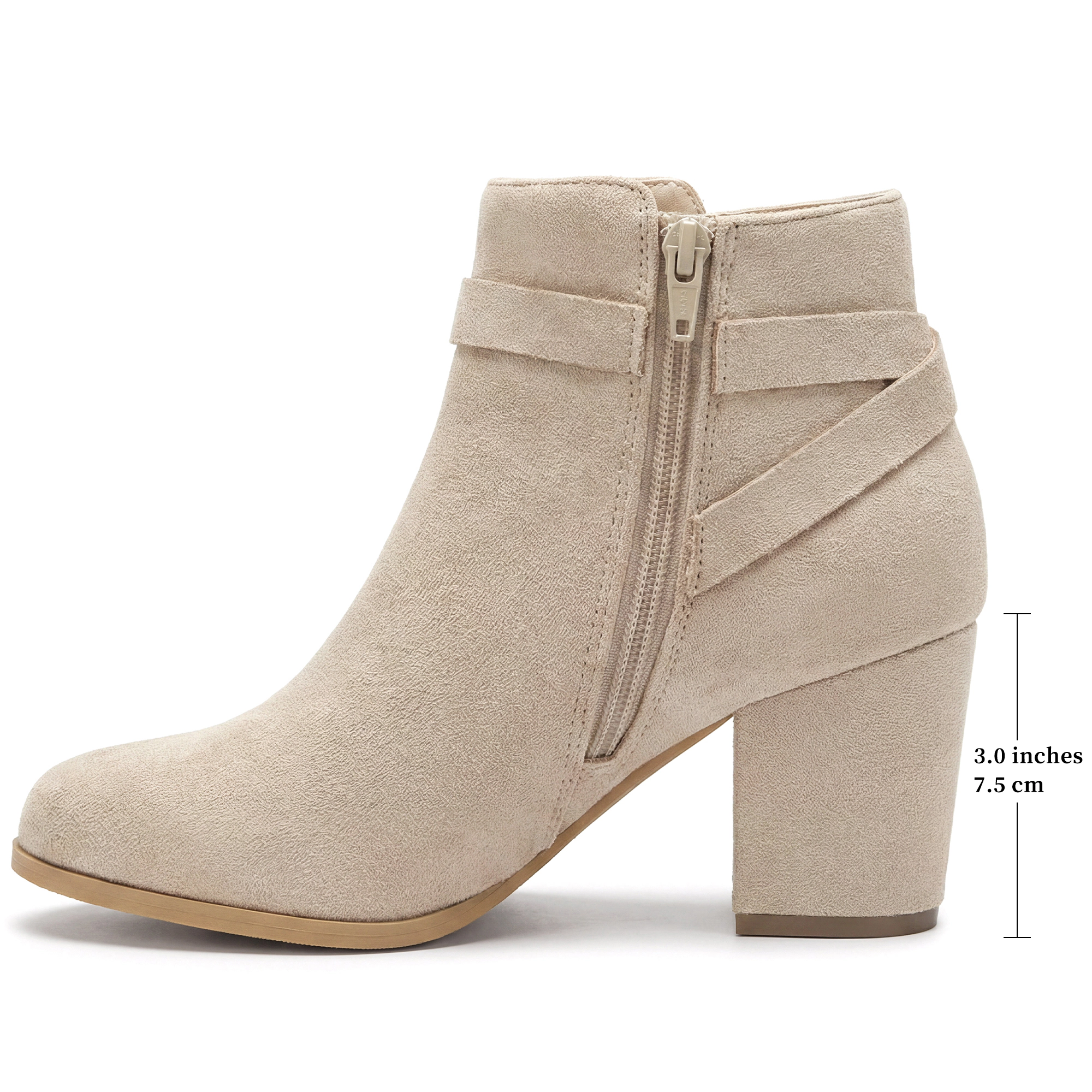 BLISSFUL STEP Women Faux Suede Round Toe Chunky Heel Ankle Boots Side Bow Decor