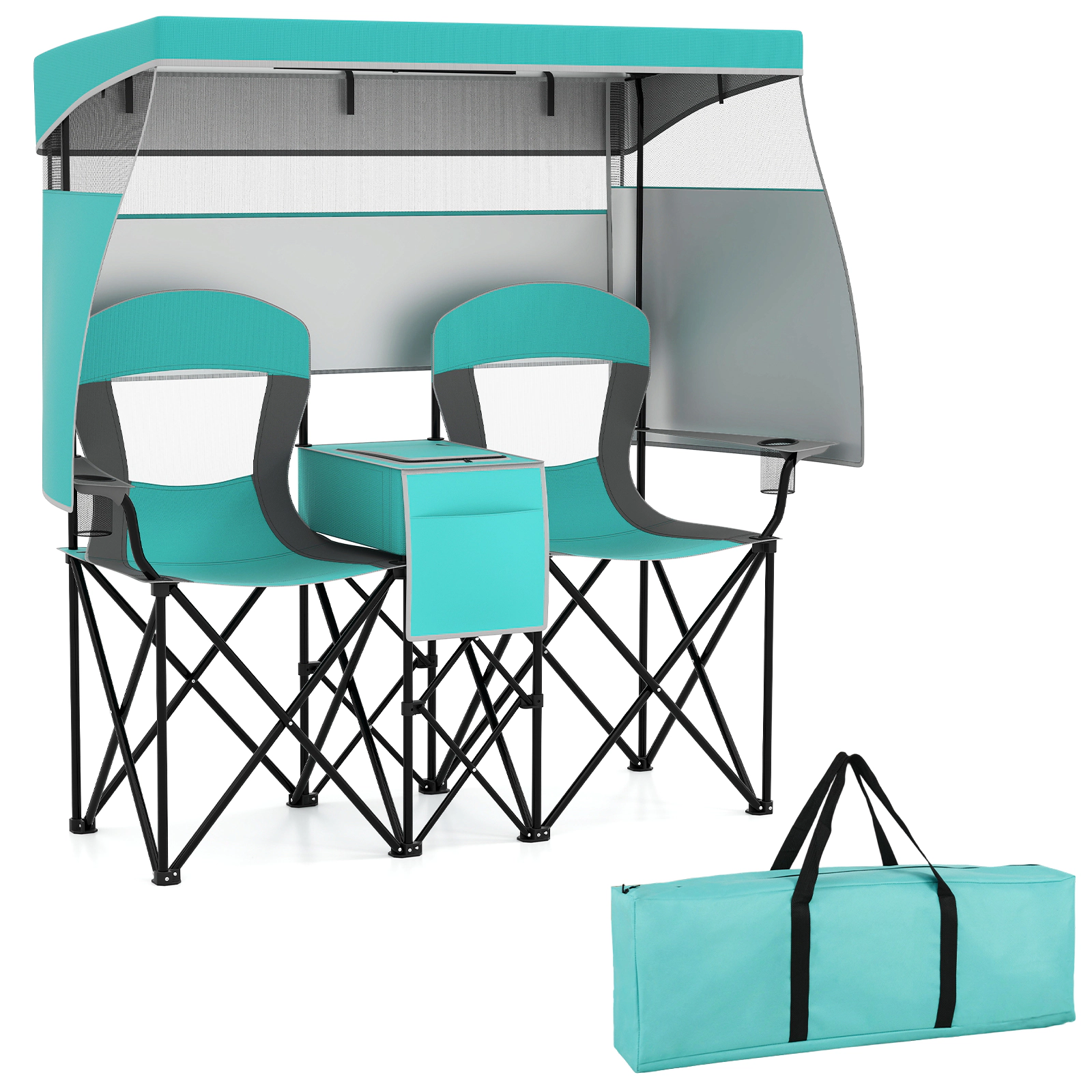 SUGIFT Double Beach Chair Turquoise with Adjustable Canopy and 3 Side Shading Curtains