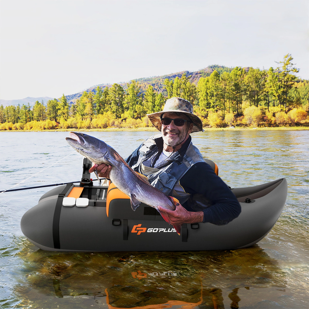 SUGIFT Adult Gray Fishing Float Tube with Storage Pockets Fish Ruler and Foot Pump 53-in W 350-lb Load Capacity