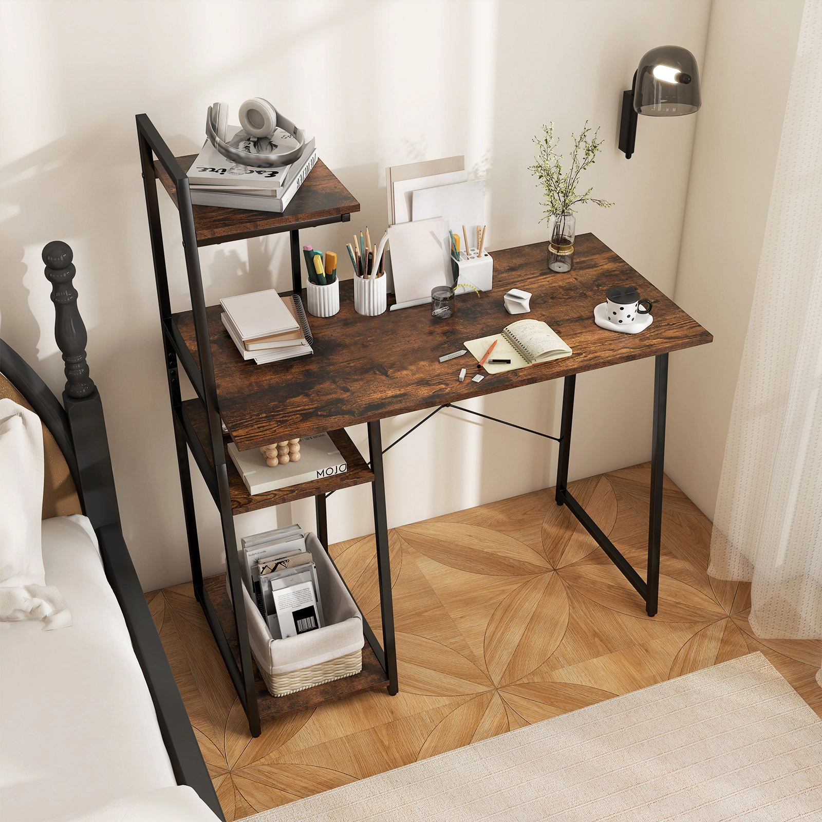 SUGIFT Computer Desk with 3-Tier Storage Bookshelf and 155-lb Desktop Capacity Rustic Brown & Black