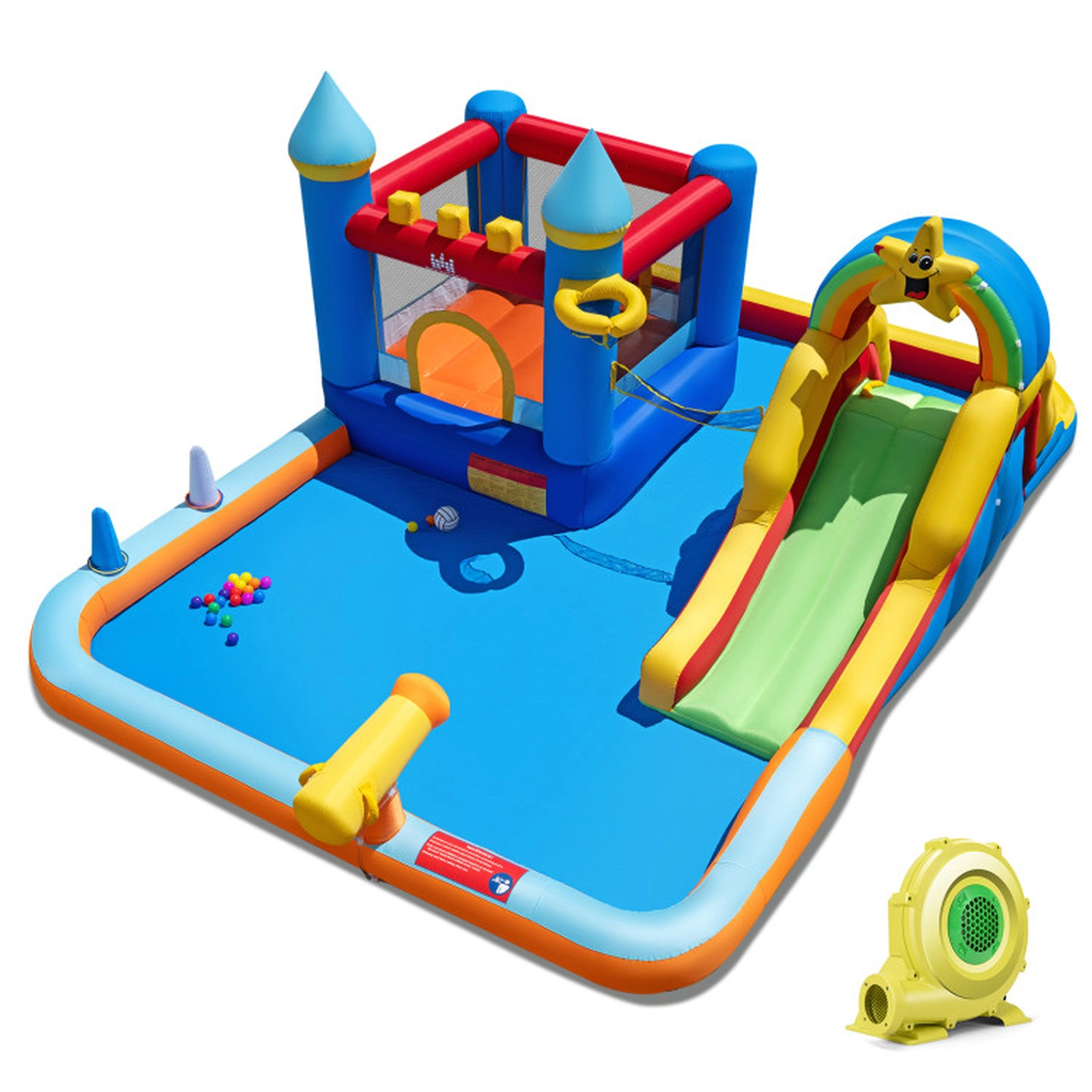SUGIFT Inflatable Bouncy Castle Water Slide Park with Climbing Wall 50 Ocean Balls and 735W Blower