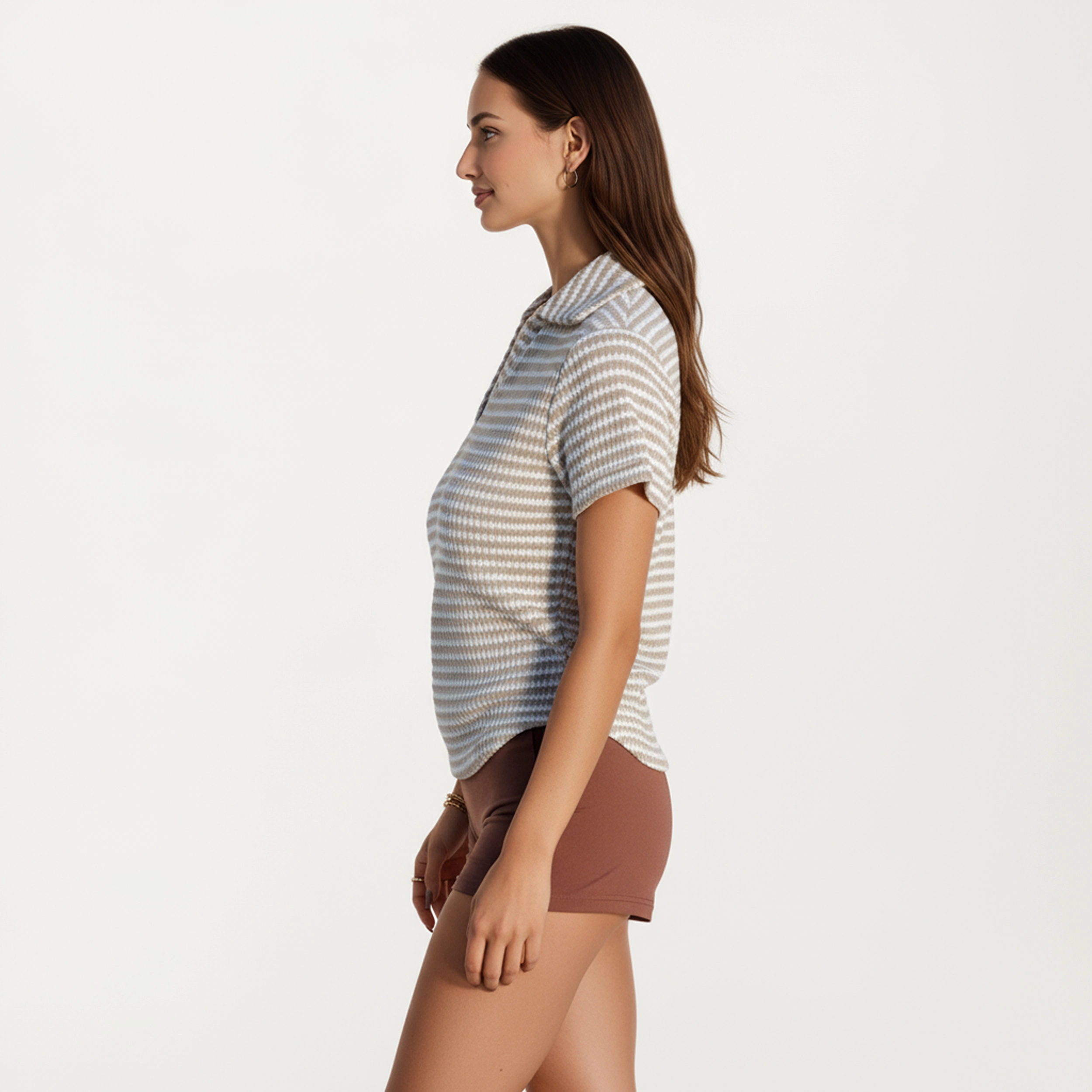 Anna-Kaci Women's Striped V-Neck Collared Short Sleeve Knit Top