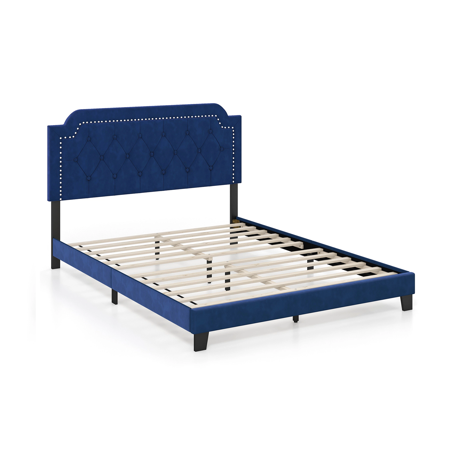 SUGIFT Velvet Upholstered Queen Bed Frame with Button Tufted Nailhead Headboard 800-Lb Capacity 85.5-in Length Blue