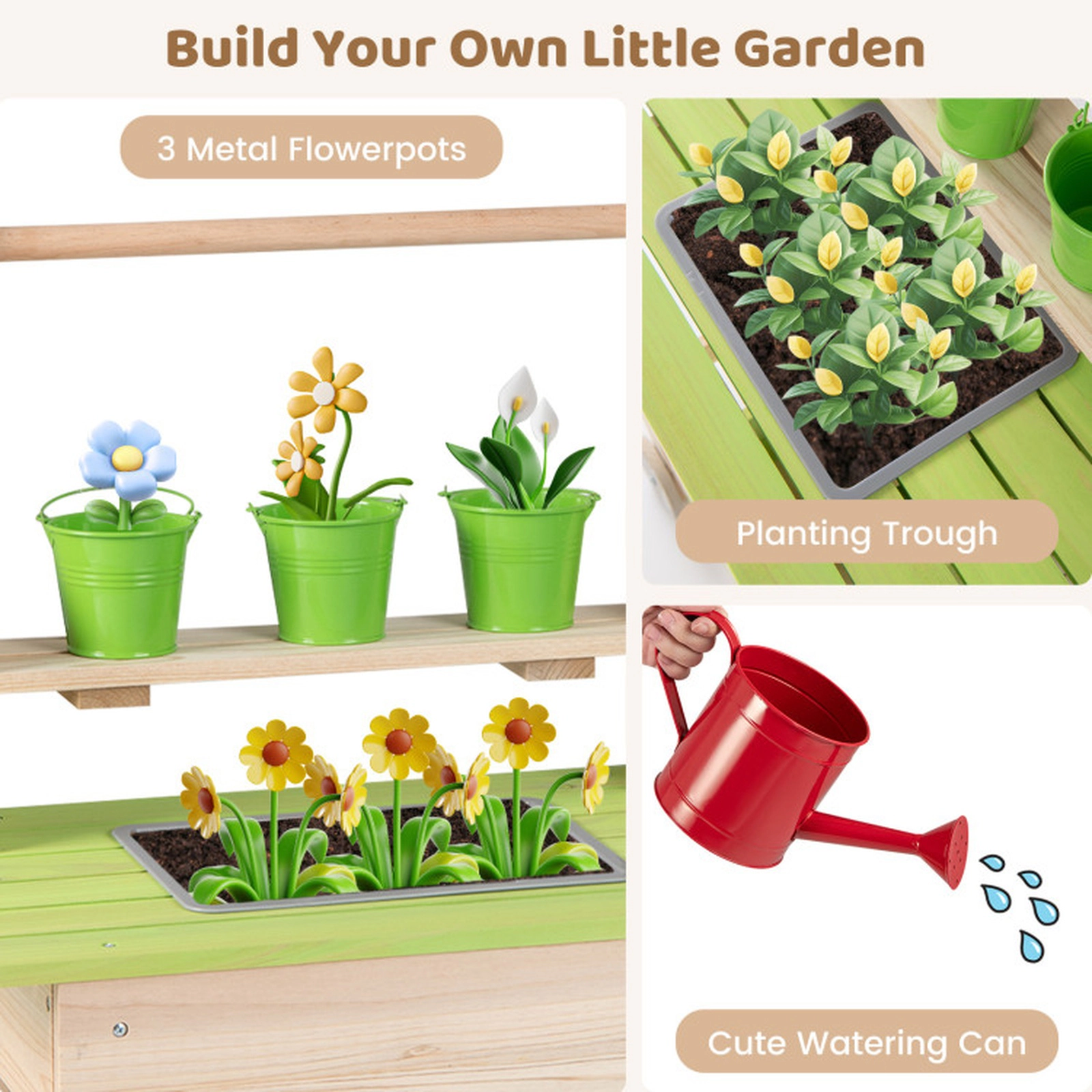 SUGIFT Kids Mud Kitchen with Flowerpots Watering Can Planting Trough & Storage Box 35.5-in Tall Ages 3+ Natural & Green