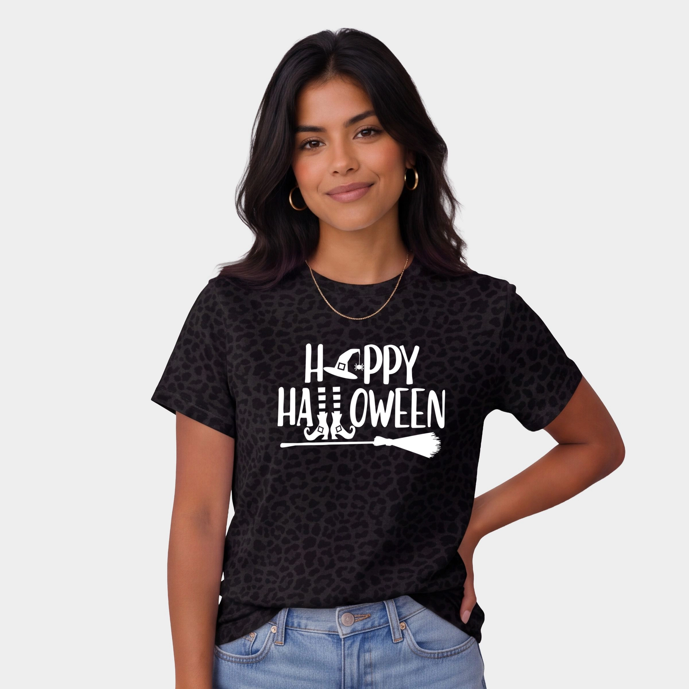 Simply Sage Market - Women's Leopard Print Tee Happy Halloween Witch