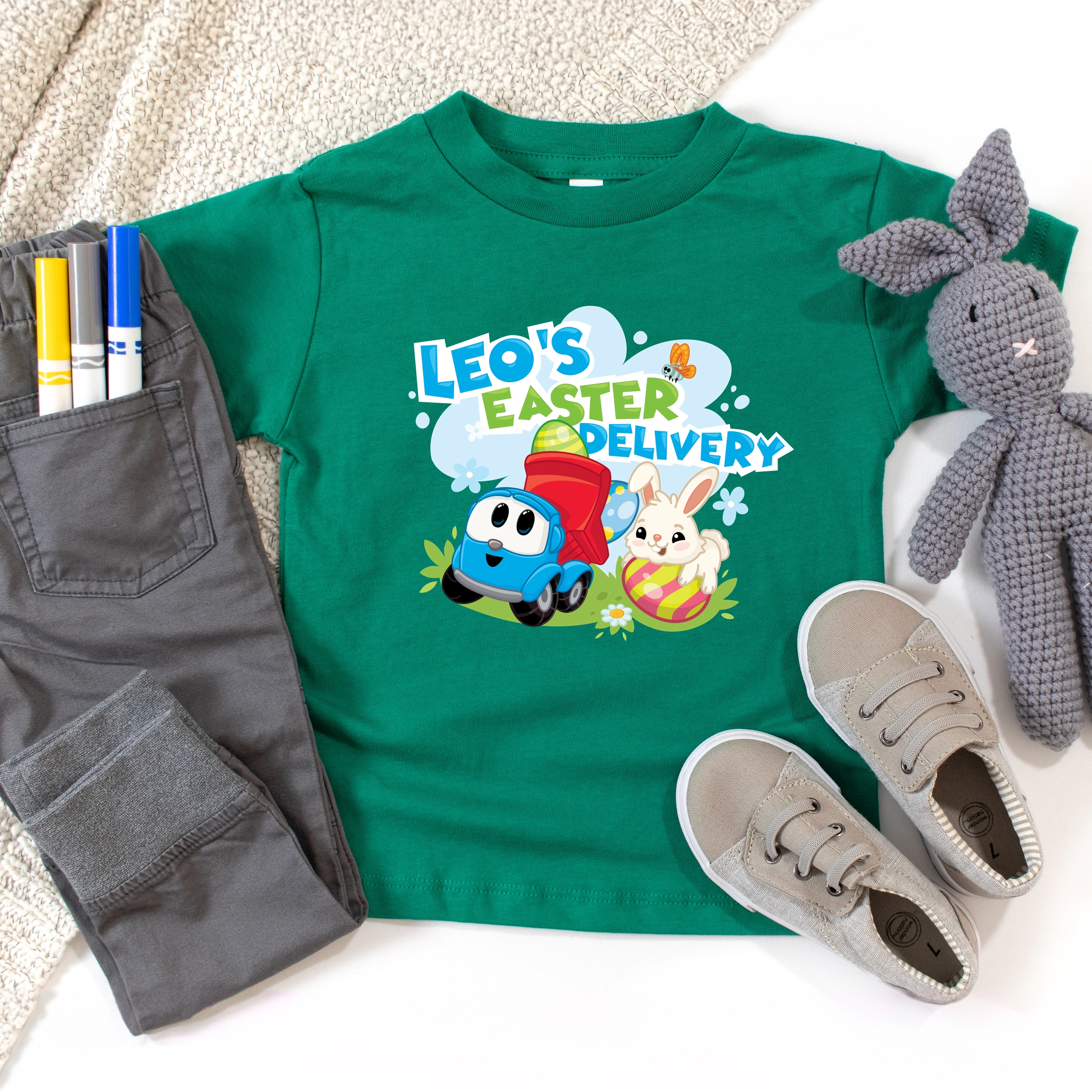 the Juniper Shop - Toddler Short Sleeve Graphic T-Shirt Leo Truck Leo's Easter Delivery