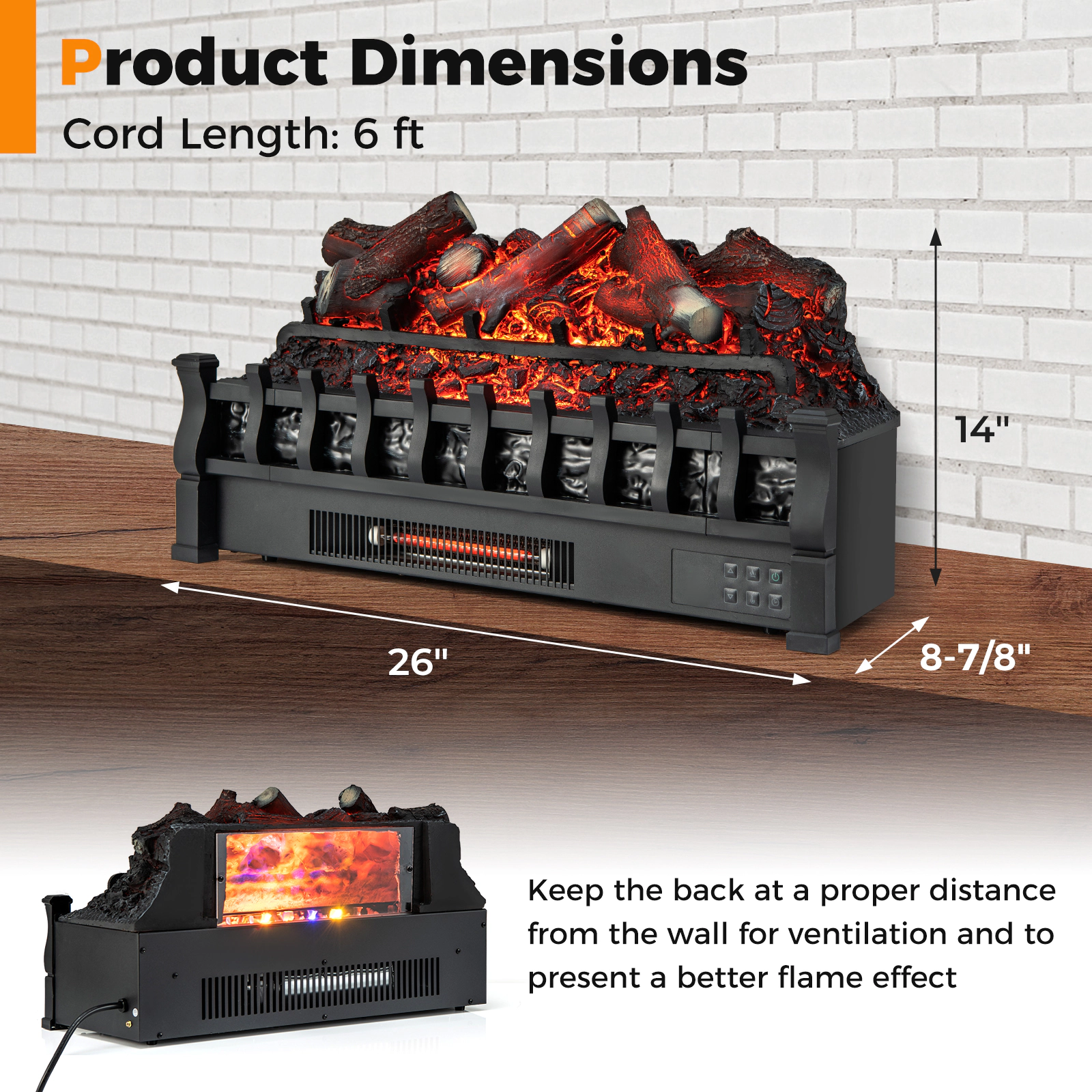LJG 26 Inch Electric Fireplace Heater with Remote Control and Realistic Lemonwood Ember Bed