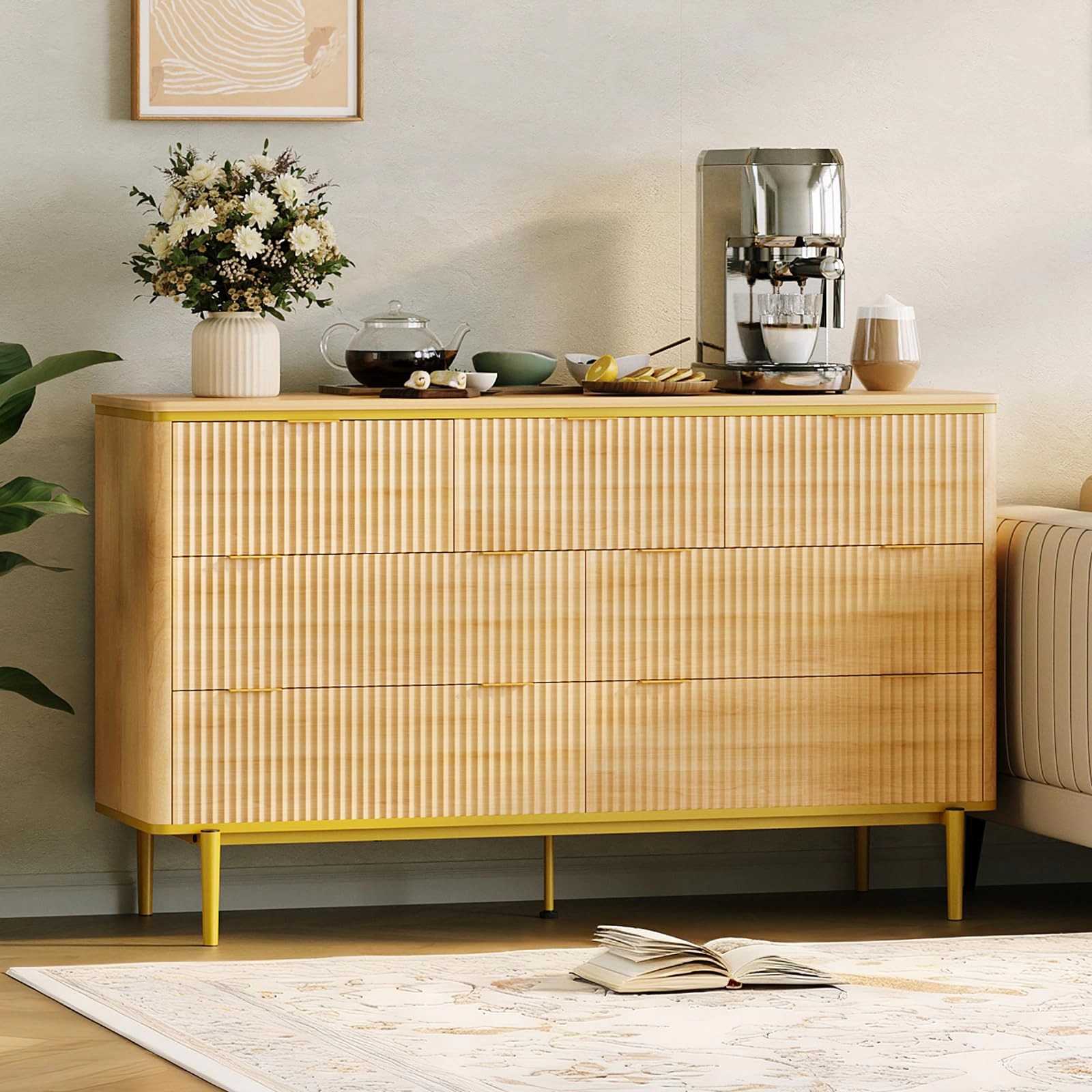 Fluted 7 Drawer Dresser with Gold Handles Curved Profile Design, 54" Wide Modern Wood Storage Cabinet & TV Stand
