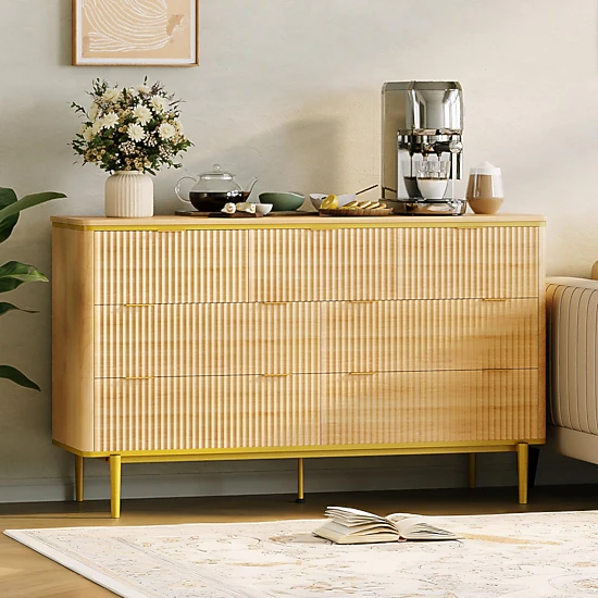 Fluted 7 Drawer Dresser with Gold Handles Curved Profile Design, 54" Wide Modern Wood Storage Cabinet & TV Stand