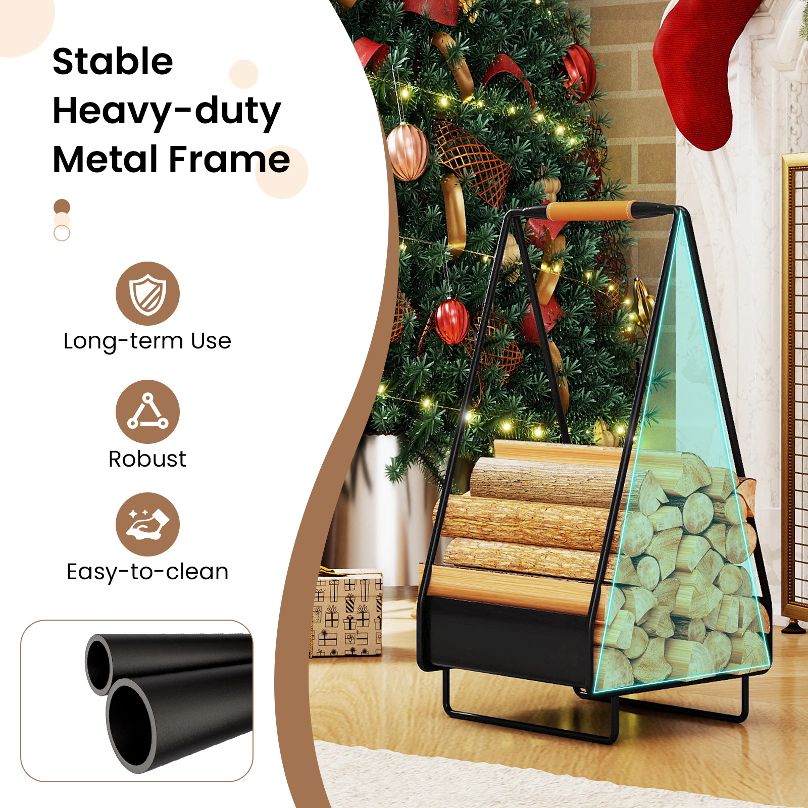 Hivvago Firewood Storage Rack Heavy-Duty Metal Log Holder With Handle And Square Rack