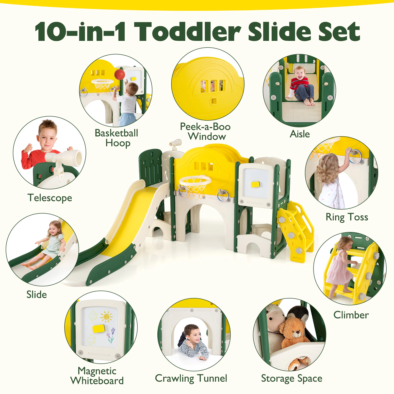 SUGIFT Yellow Whiteboard 10-in-1 Toddler Slide and Climber Playset Indoor Playground