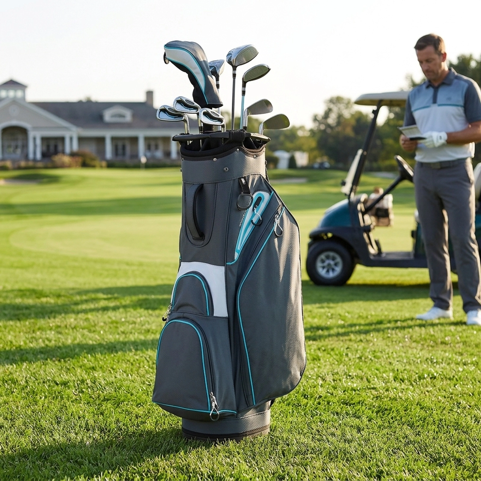 Lightweight Golf Cart Bag 14-Way Top 6 Zippered Pockets Cooler Pocket Removable Rain Hood Padded Strap Gray