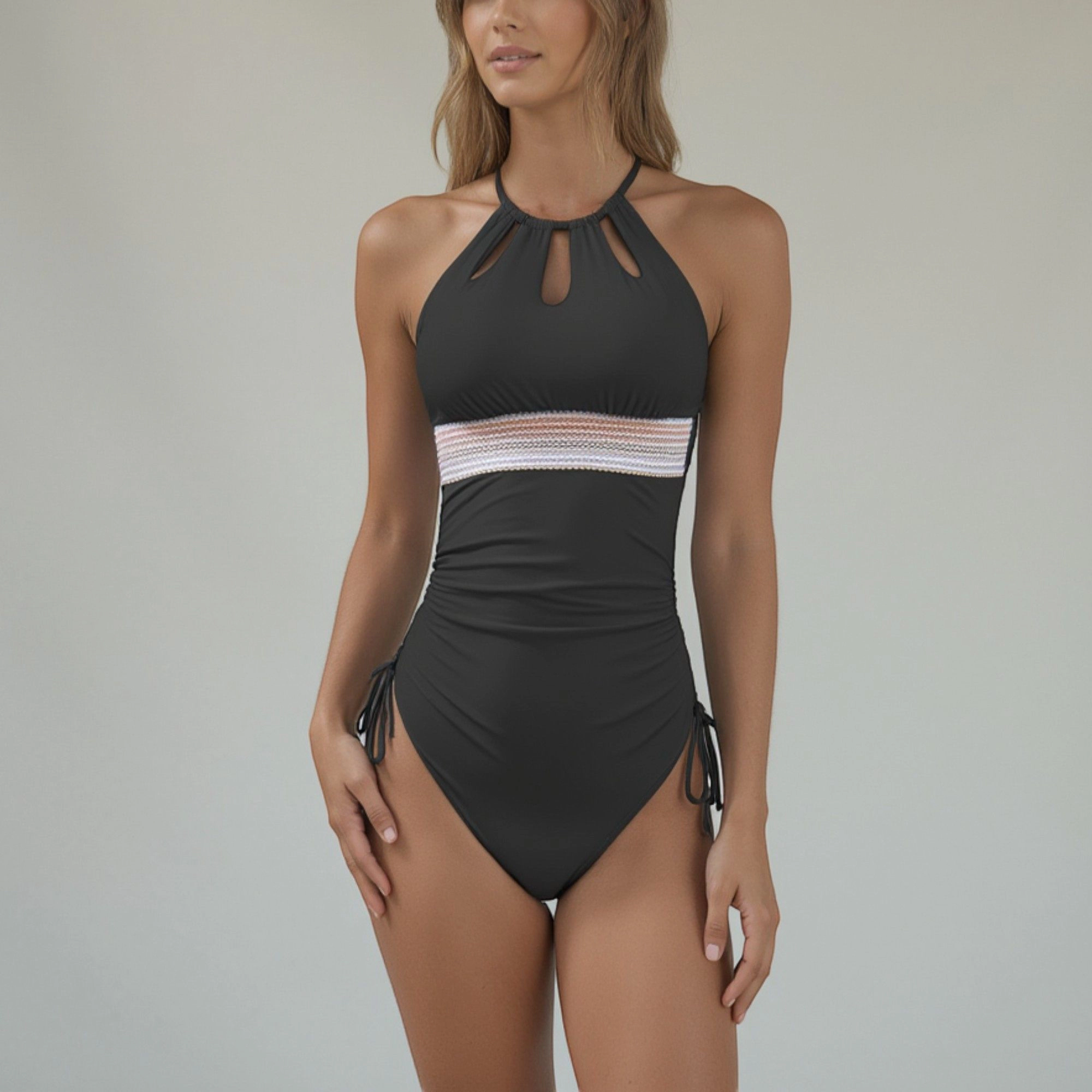 Anna-Kaci Women's High Neck One-Piece Swimsuit with Keyhole Front Detail and Ruched Side Drawstrings