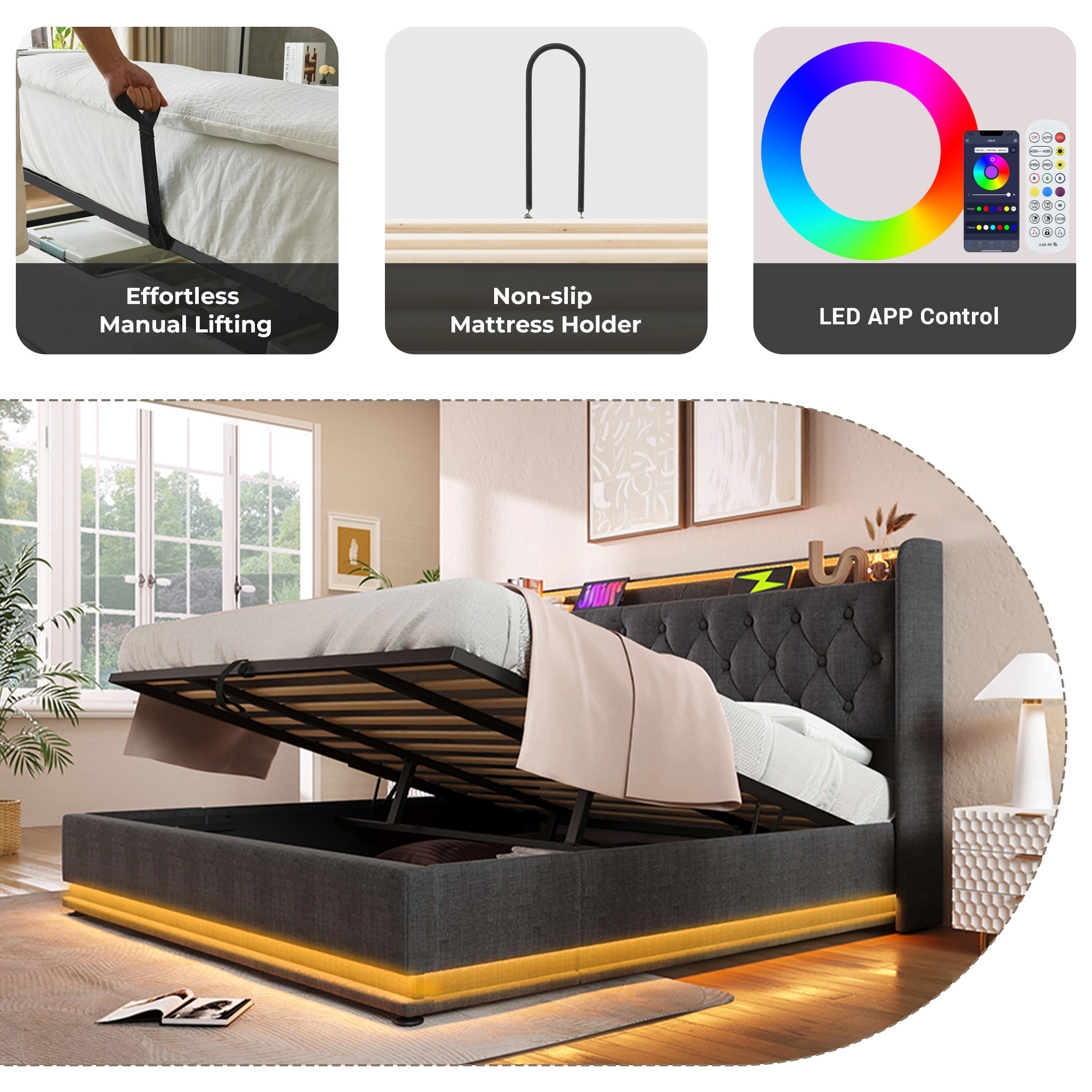 Flynama King Upholstered Bed with 360° LED, Hydraulic Lift Storage, USB-C Charging, Gray Linen
