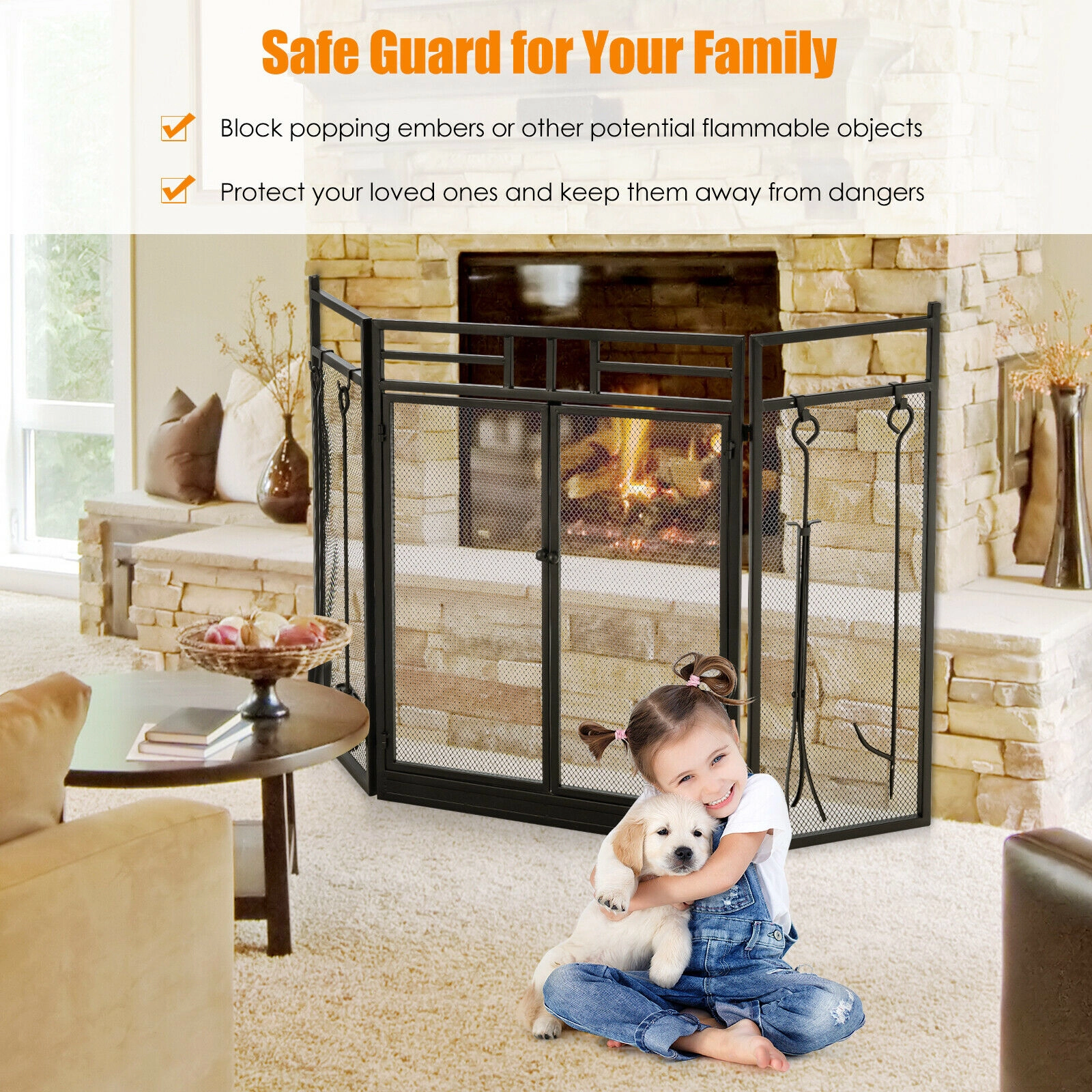 SUGIFT 48.5-in 3-Panel Folding Wrought Iron Fireplace Screen with 4-Piece Fire Tool Set in Black