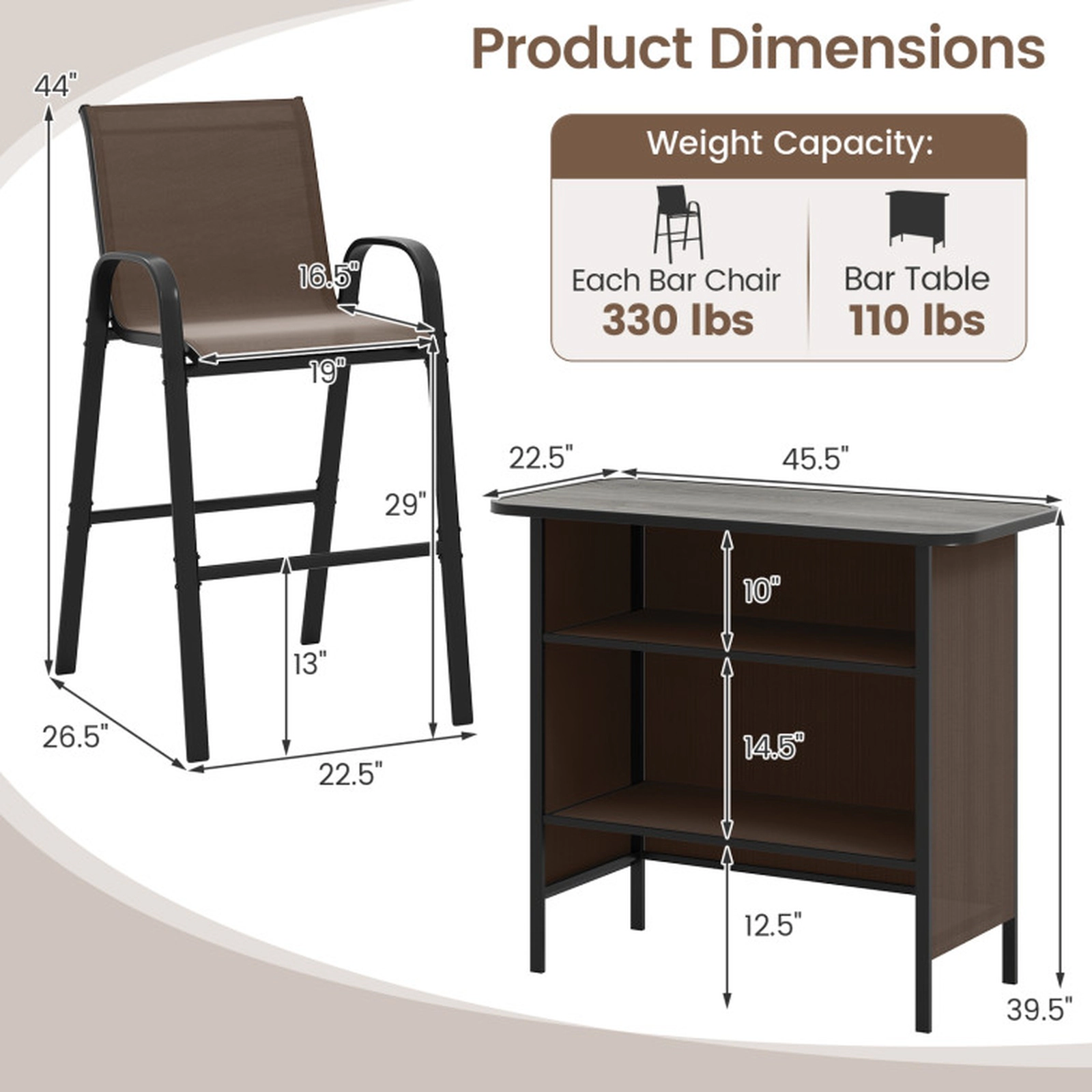 SUGIFT Outdoor Bar Set with Footrest & 2-Tier Shelf Bar Table & Chairs 330-lb Barstools & 110-lb Table Coffee/Black