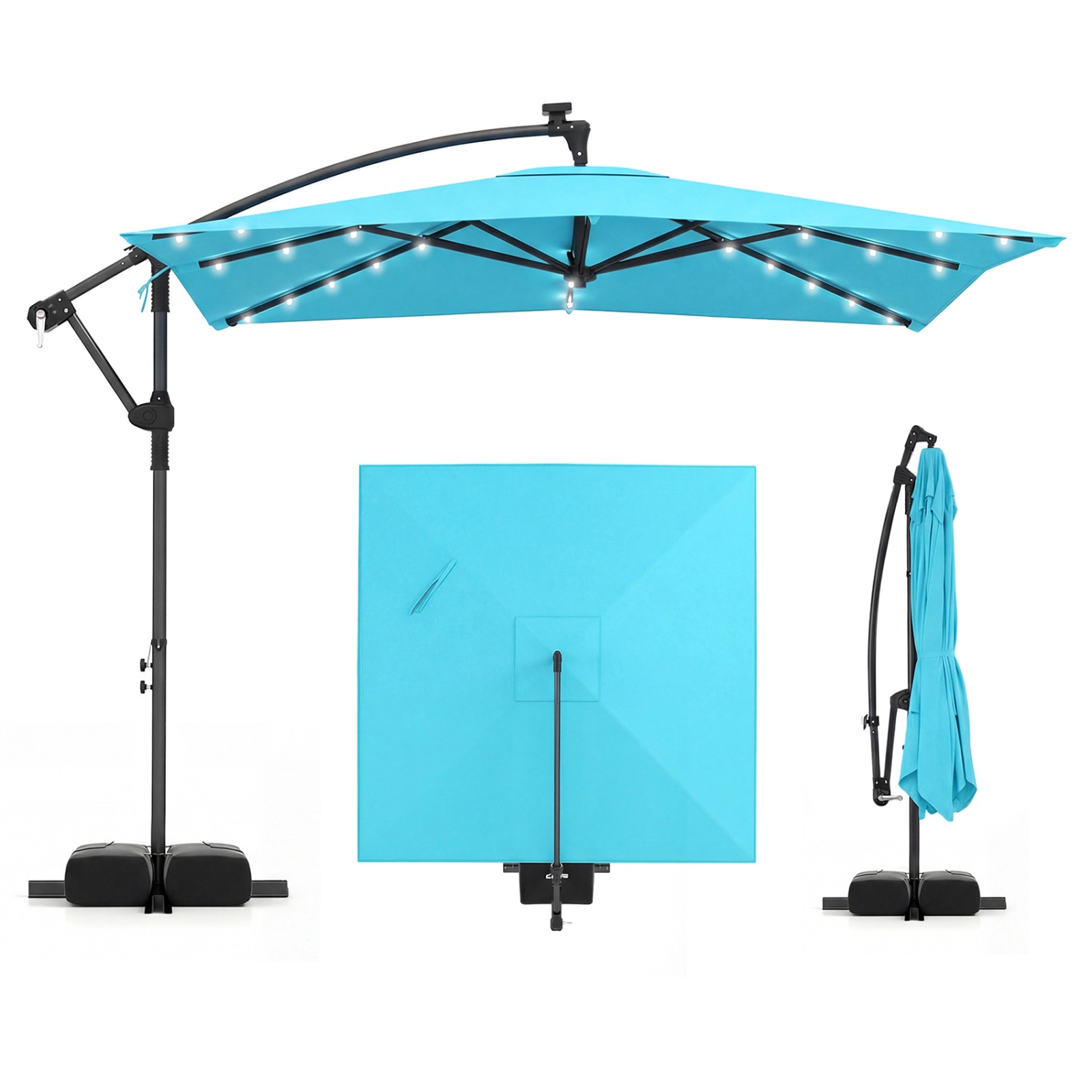 SUGIFT Solar-Powered LED Offset Cantilever Patio Umbrella 360° Rotation 8 x 8 in Canopy 116-lb Sandbag Base Turquoise