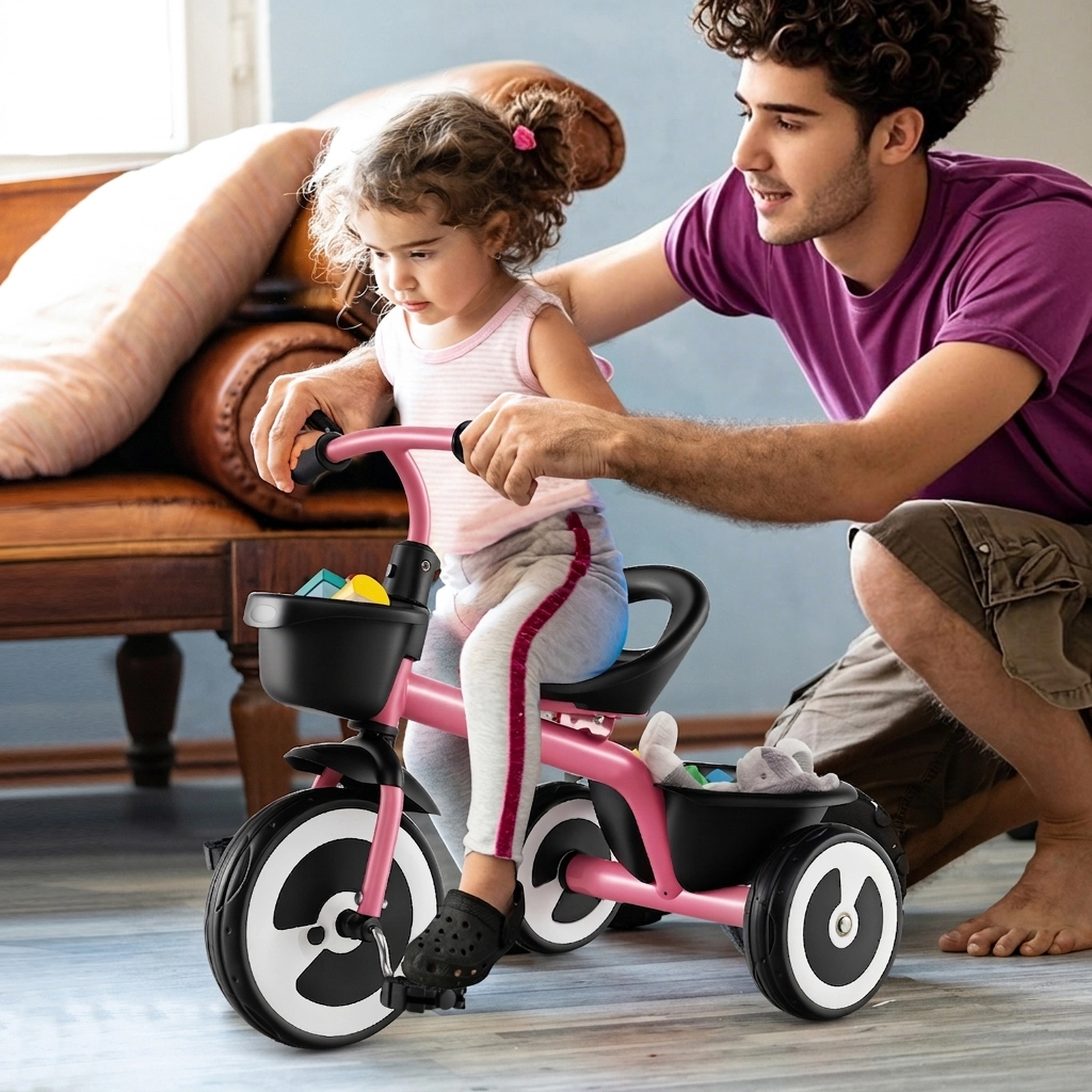 Toddler Tricycle Adjustable Seat Front Rear Baskets Silent EVA Wheels and 110-Degree Limited Steering Ages 1.5-5 Pink