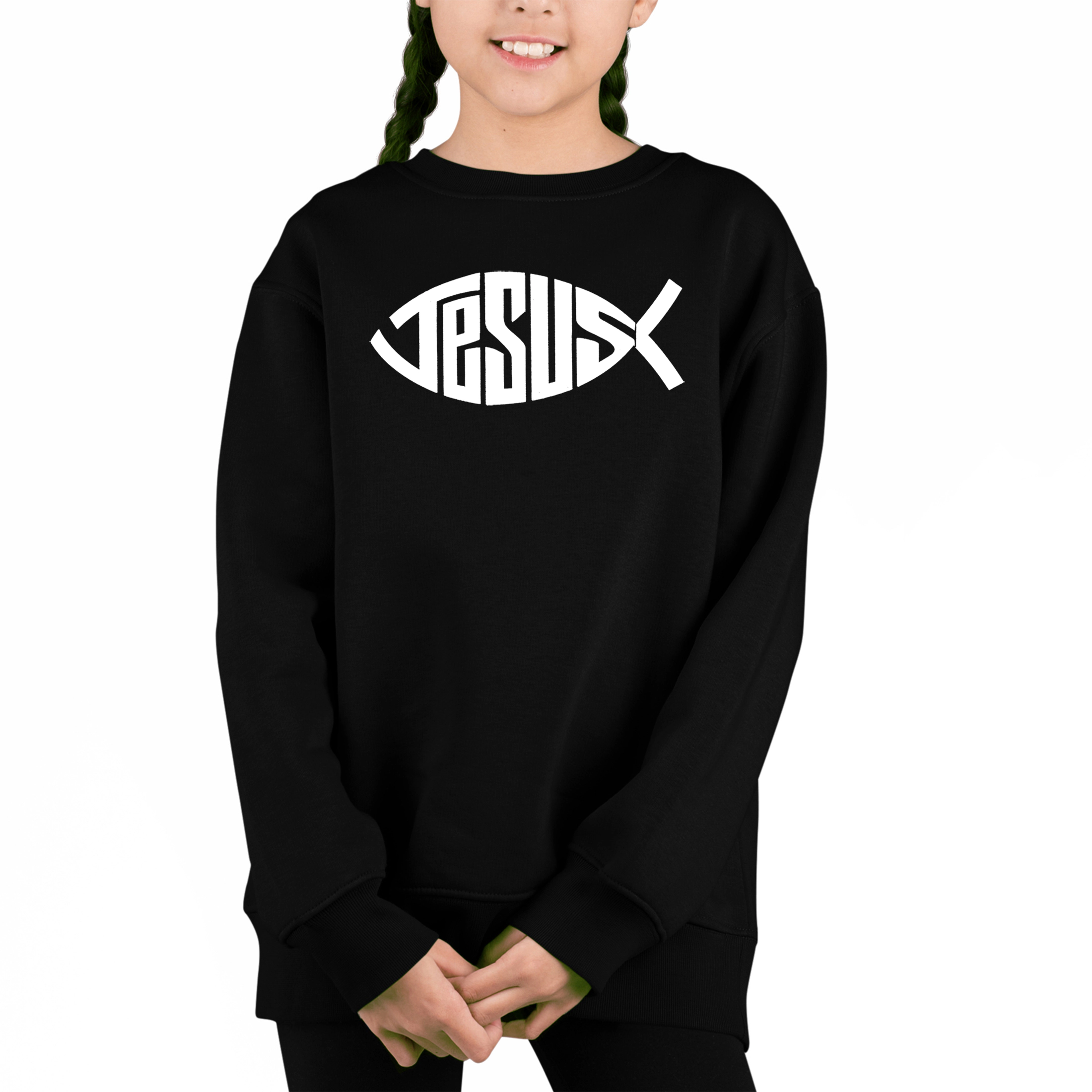 LA Pop Art Girl's Word Sweatshirt - Christian Jesus Name Fish Symbol