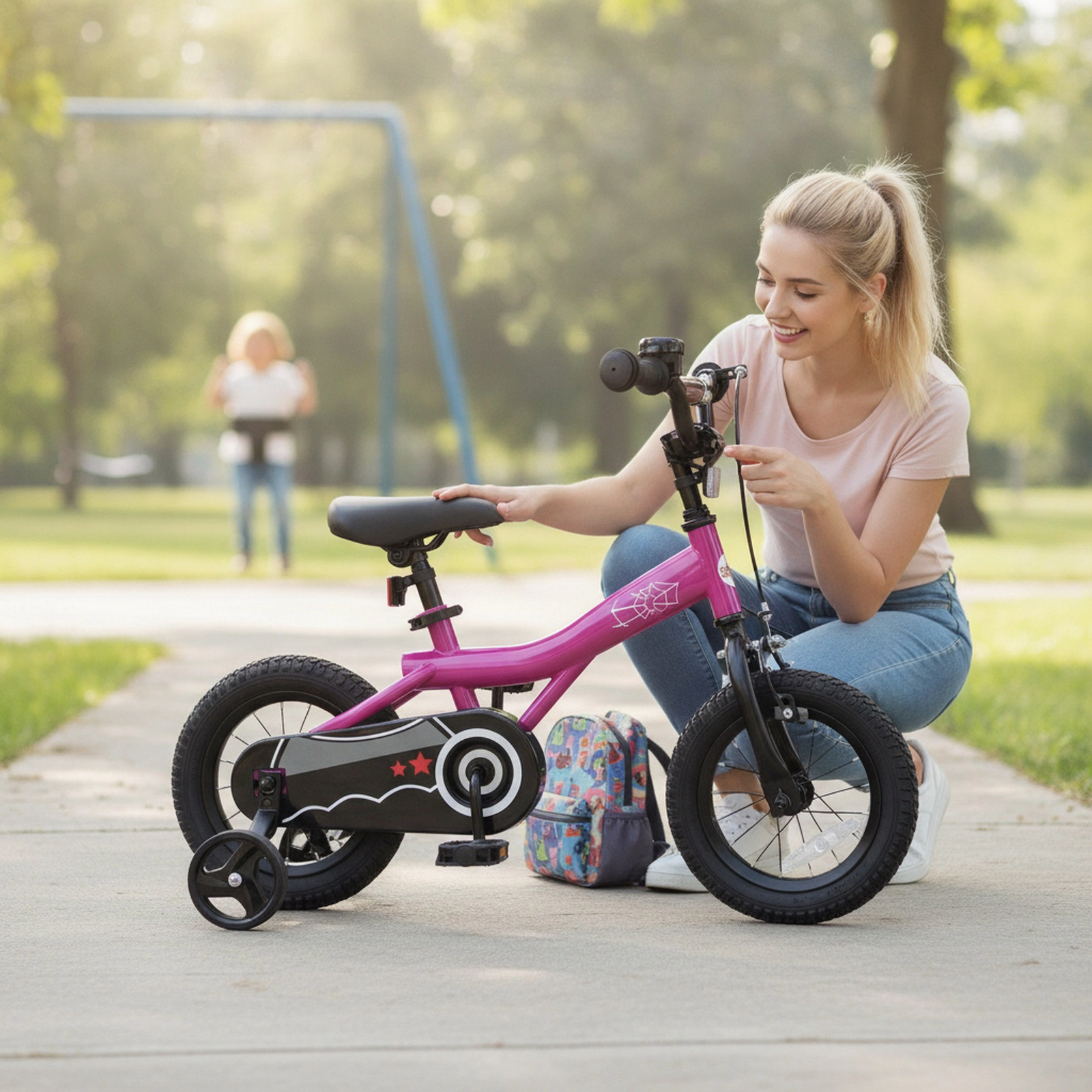 12-in Kids Bike Ages 3-4 Removable Training Wheels Bell Reflectors Dual Brakes Adjustable 18.5-in to 20-in Saddle Pink