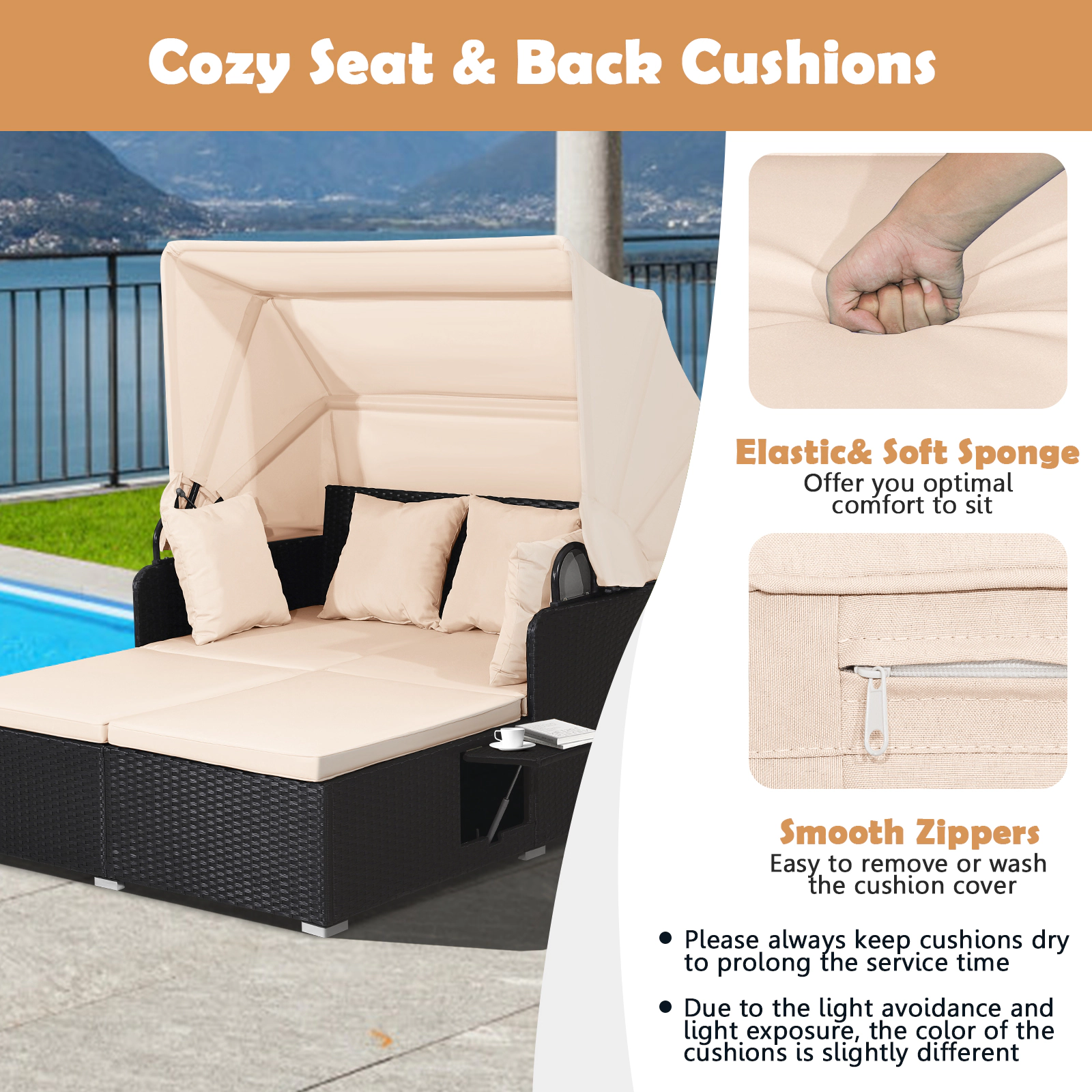SUGIFT Retractable Canopy Side Trays and Cushions Patio Rattan Daybed