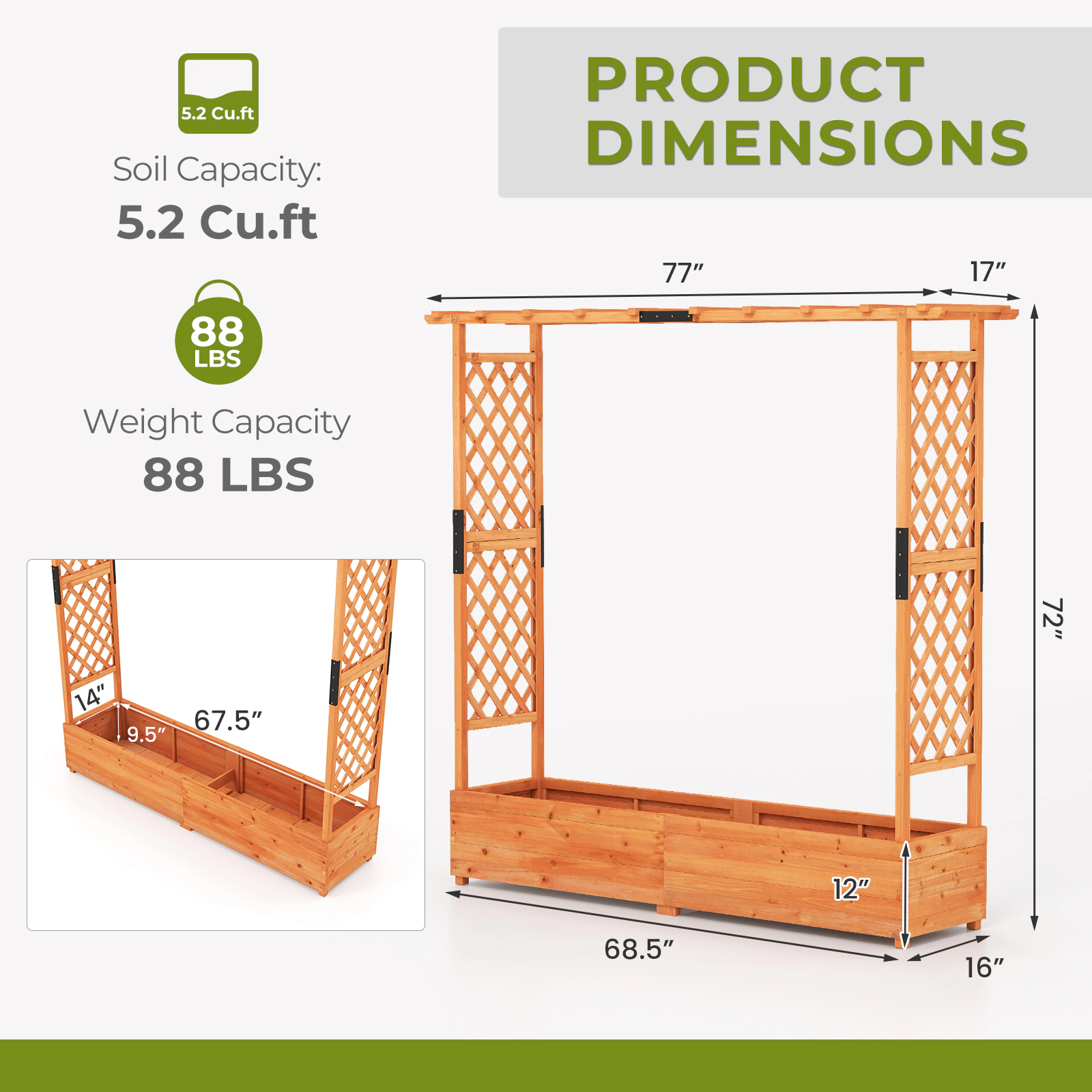 SlickBlue Orange 77 Inch Outdoor Wooden Planter Box with Climbing Trellises