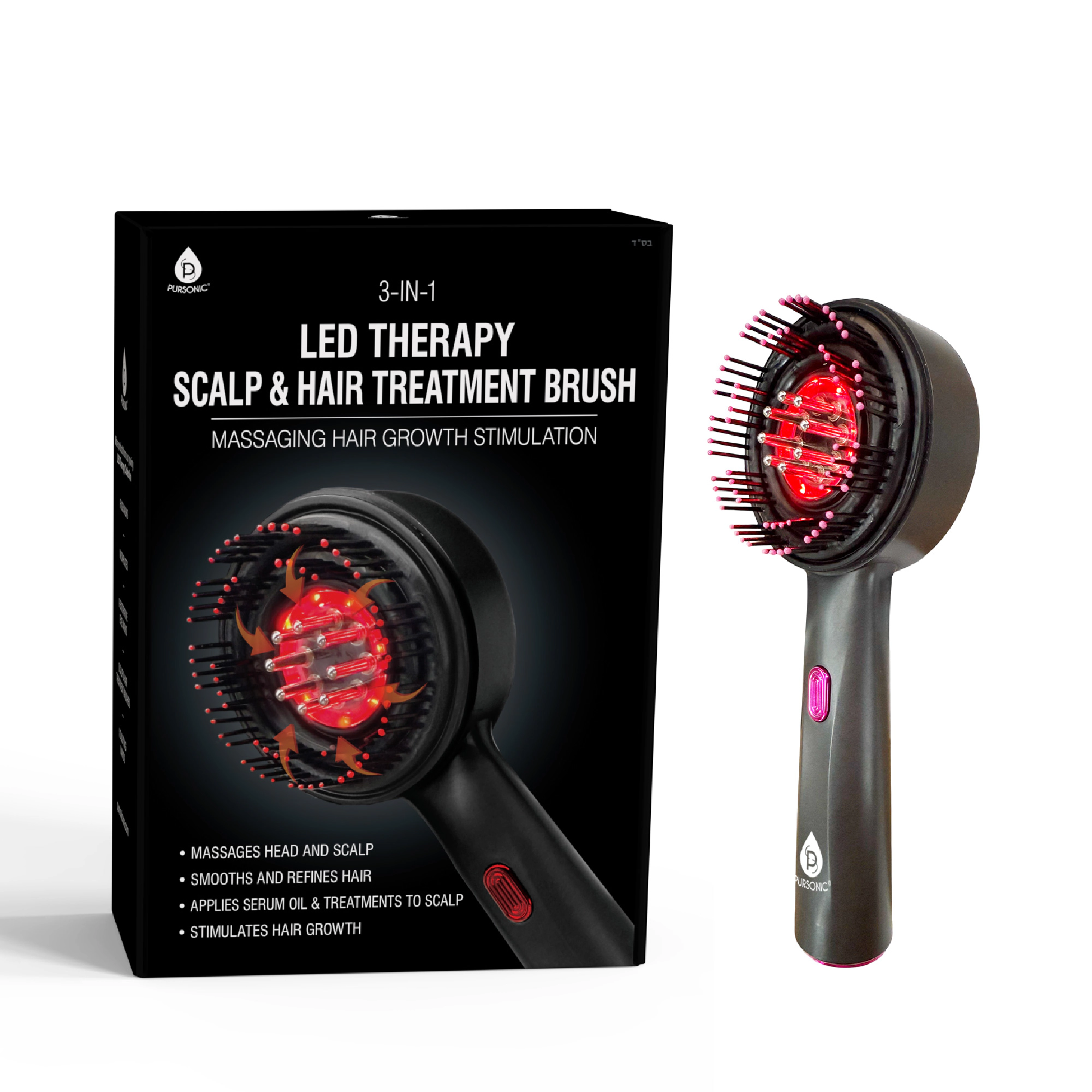 Pursonic Unisex 3-in-1 LED Therapy Scalp & Hair Treatment Brush: Red Light Growth Stimulating Massage Device