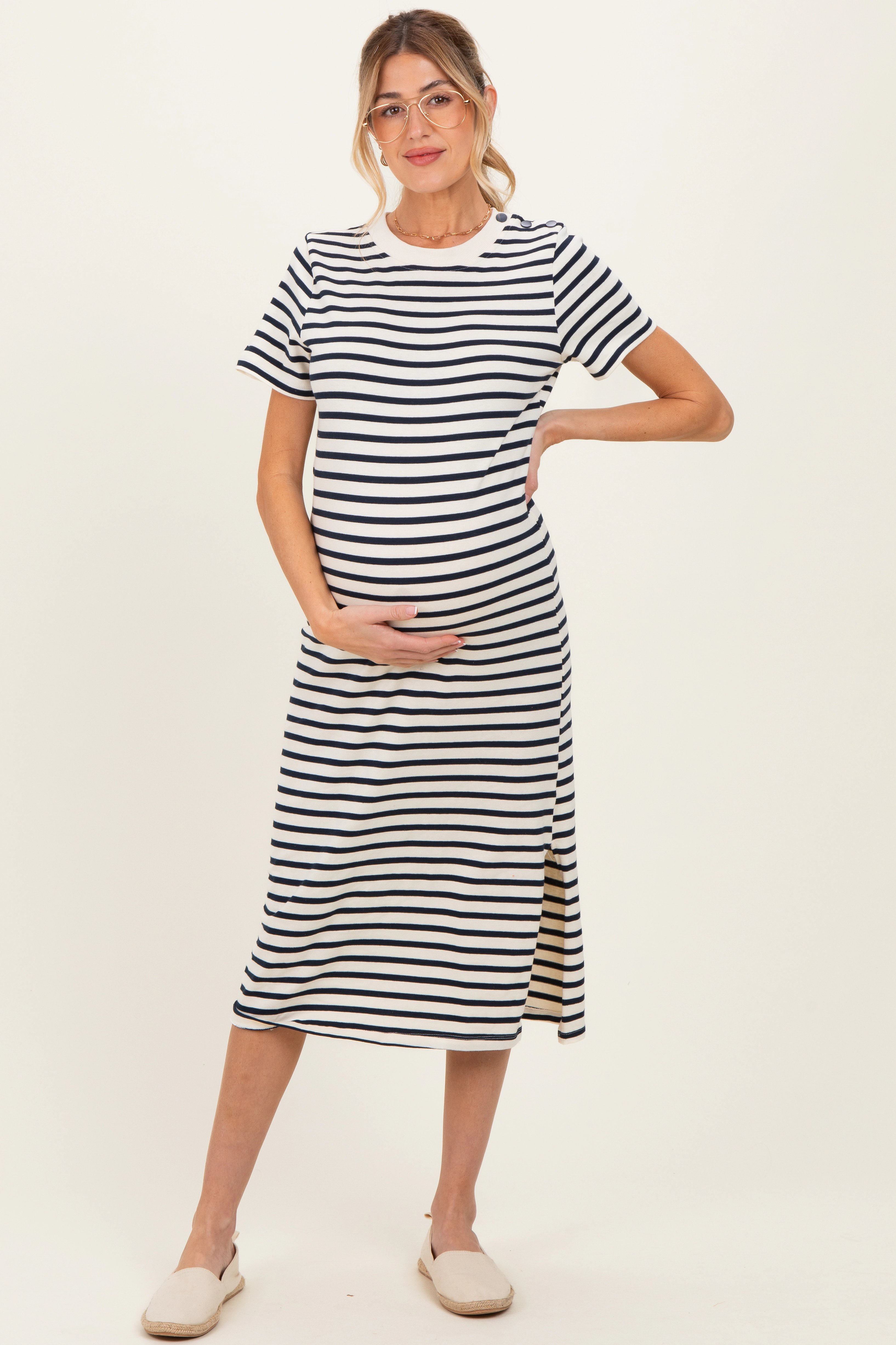 PinkBlush Womens Navy Striped Short Sleeve Maternity Midi Dress