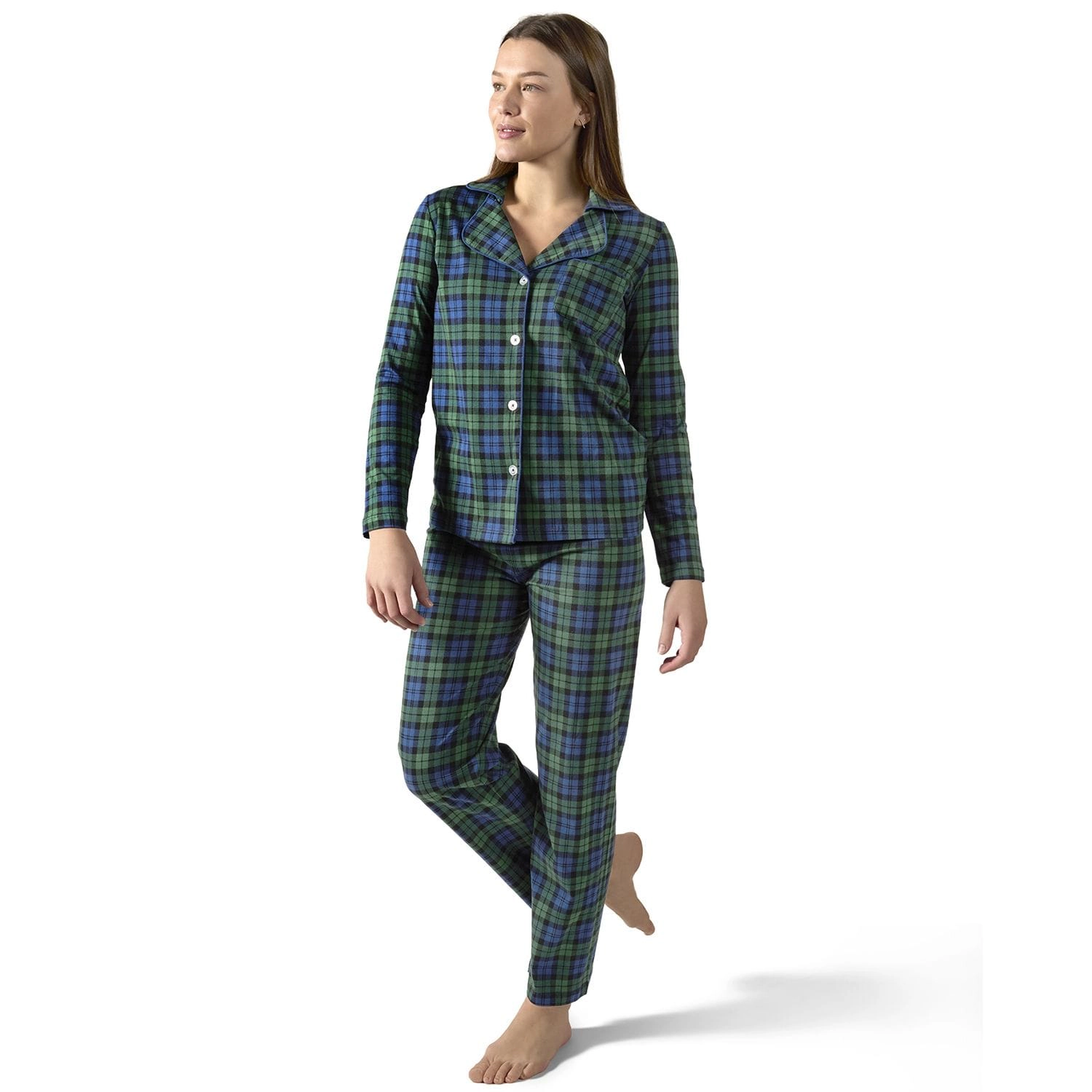 2 Piece Women's Plaid Cotton-Blend Notch-Collar Button-Down Pajama Set a Bag