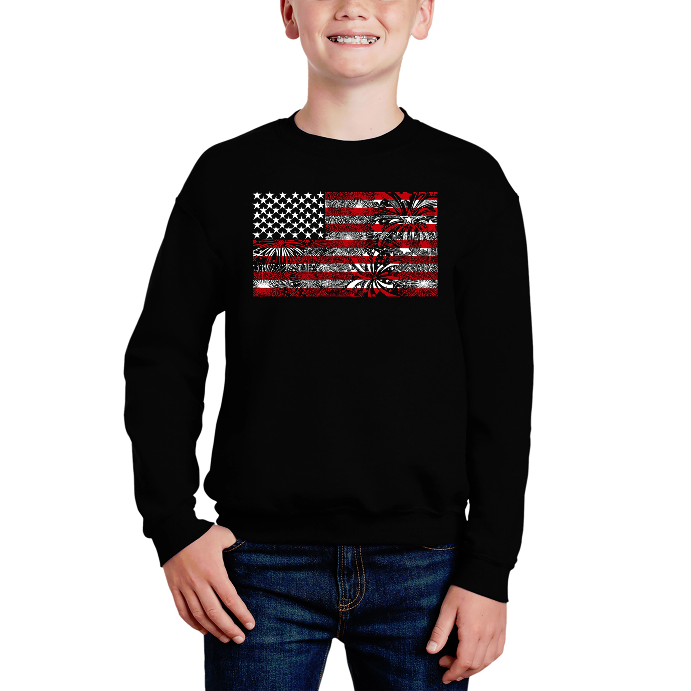 LA Pop Art Boy's Word Sweatshirt - Fireworks American Flag