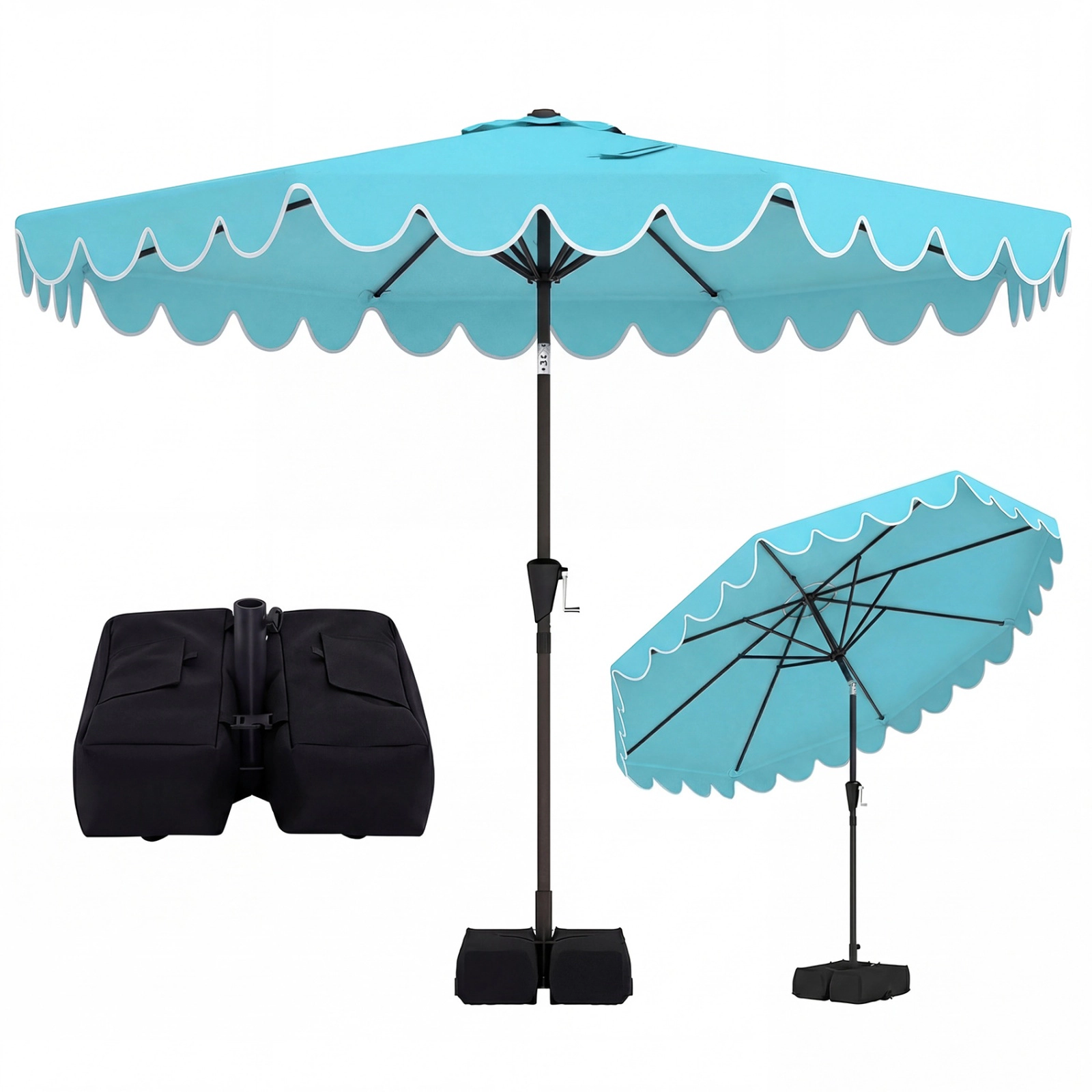 SUGIFT Double-Tier 10-ft Patio Umbrella with Ruffled Edges 10 x 8.2 in Canopy with Sandbag Base Turquoise