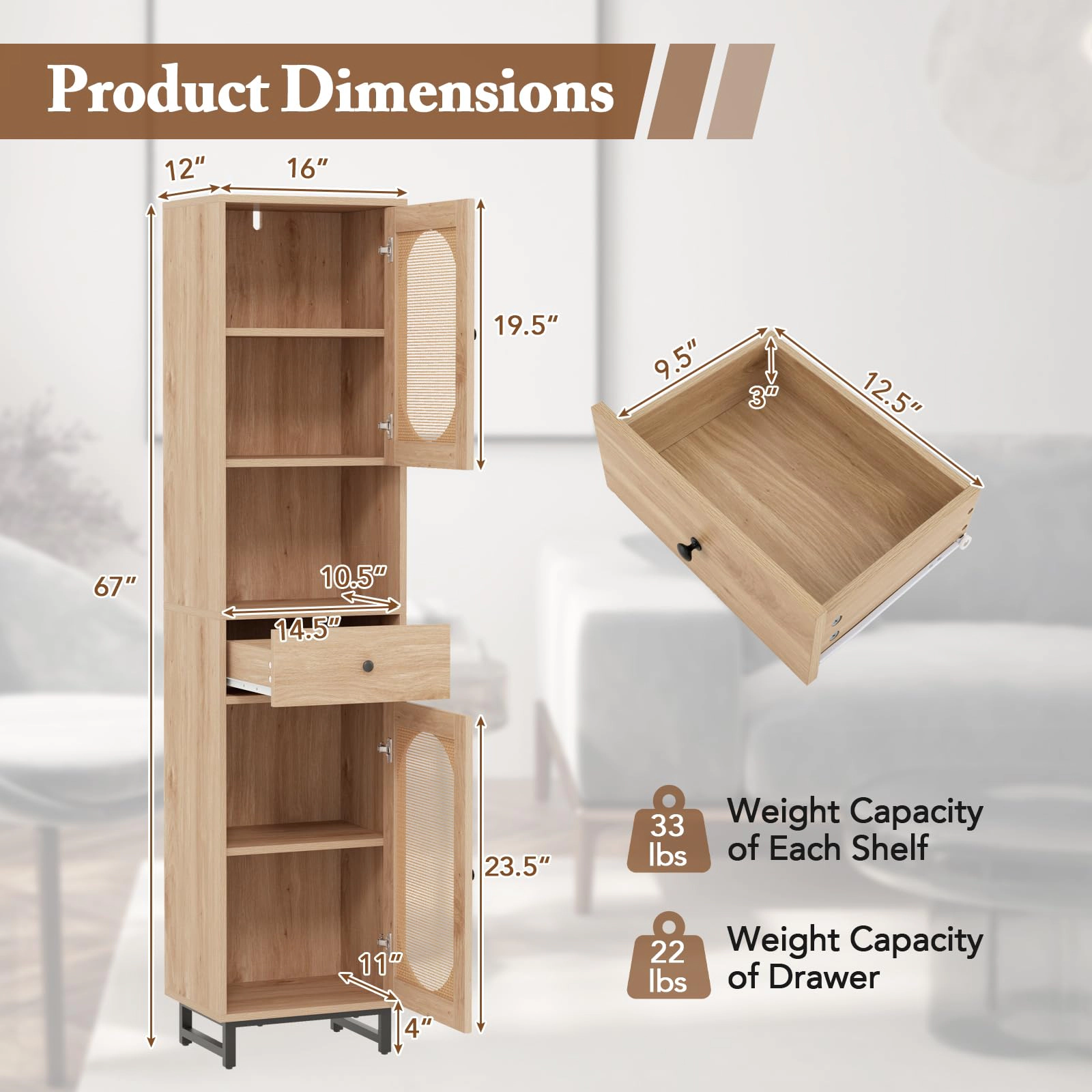Glintex 67-Inch PE Rattan Bathroom Cabinet with Soft-Close Hinges and Drawer, Natural